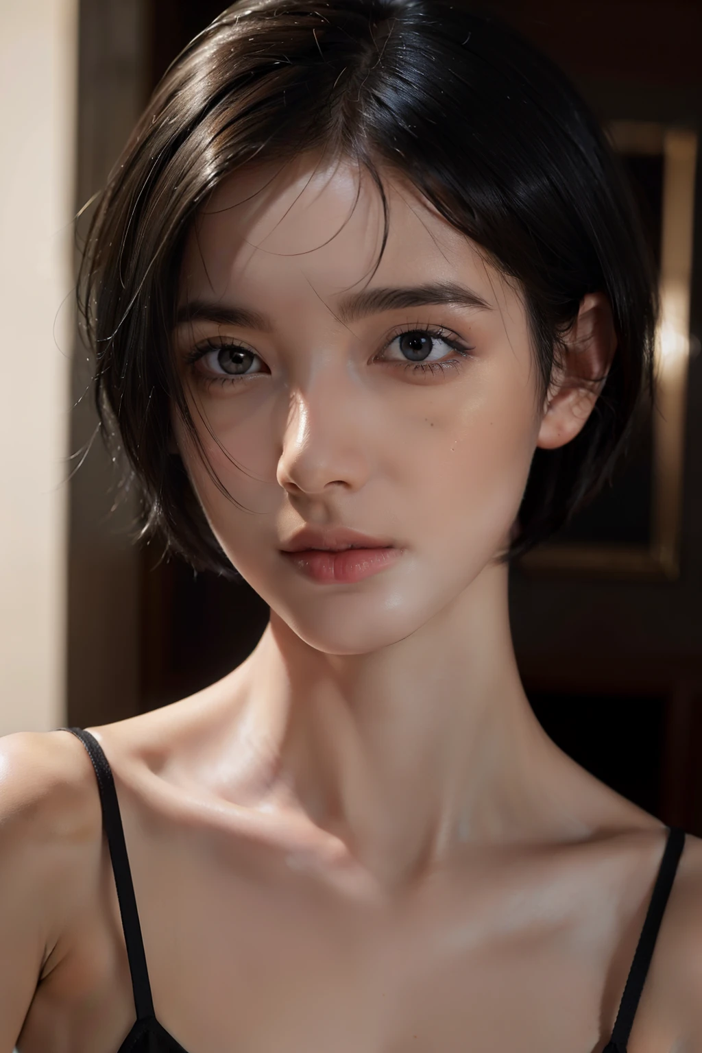 (masterpiece:1.3), (8k, photorealistic, RAW photo, best quality: 1.4), (1girl), beautiful face, (realistic face), (black hair, short hair:1.3), beautiful hairstyle, realistic eyes, beautiful detailed eyes, (realistic skin), beautiful skin, attractive, ultra high res, ultra realistic, highly detailed, golden ratio