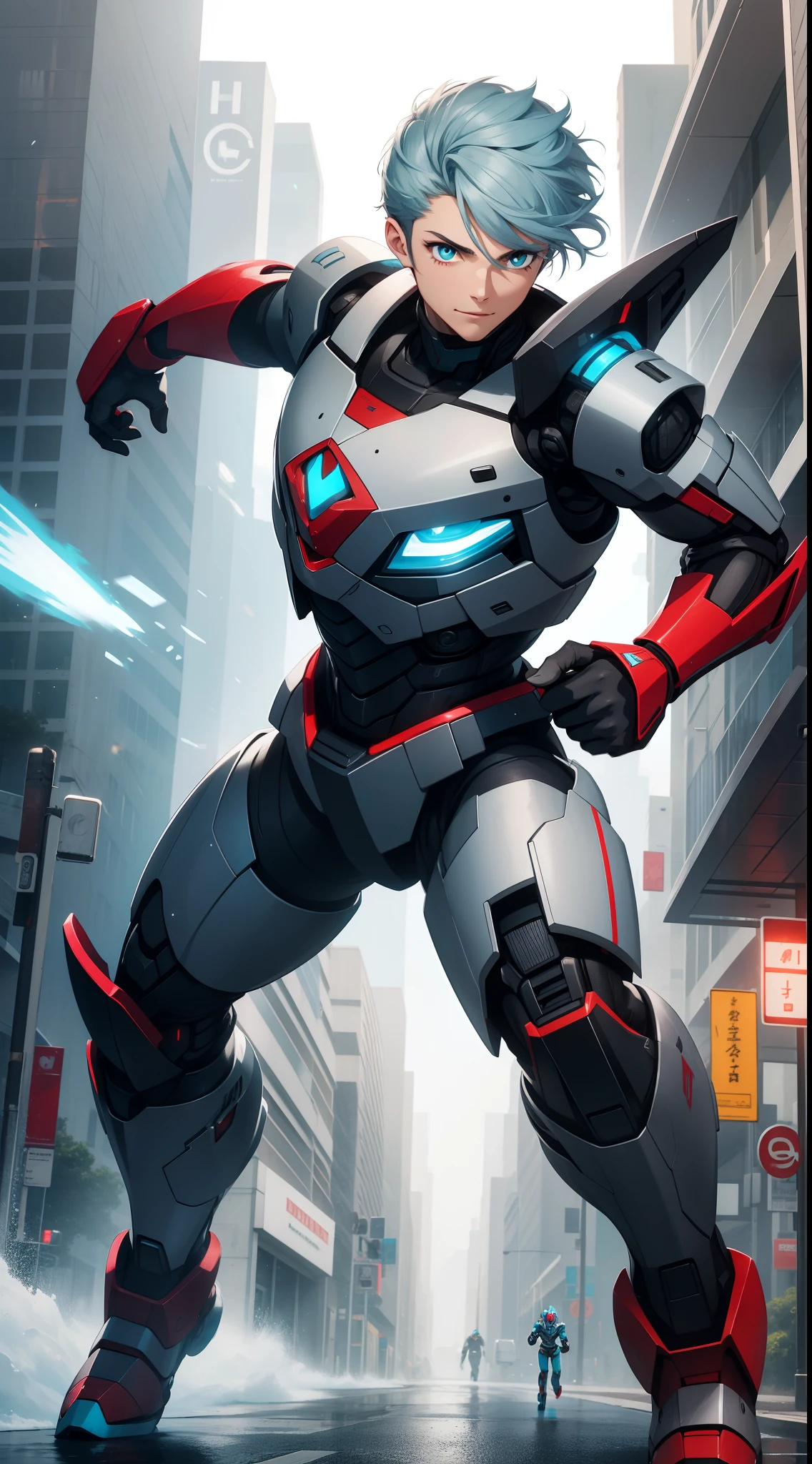 Young guy, short gray hair, Cyan eyes, Autobot's red armor, running, ssmile, Masterpiece, hiquality