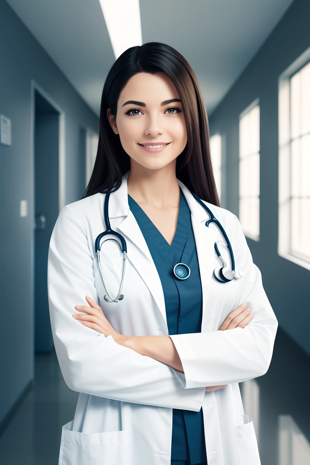 A beautiful doctor with black hair is standing in the hallway of a hospital. She's wearing a white lab coat and a stethoscope. Ela tem um sorriso no rosto e parece muito feliz e confiante. The background of the image is a white wall with a window behind it. Sunlight is streaming in through the window and illuminating the doctor's face. The image is in 8K and is very realistic and beautiful. The doctor looks like a real person and you can feel her positive energy.