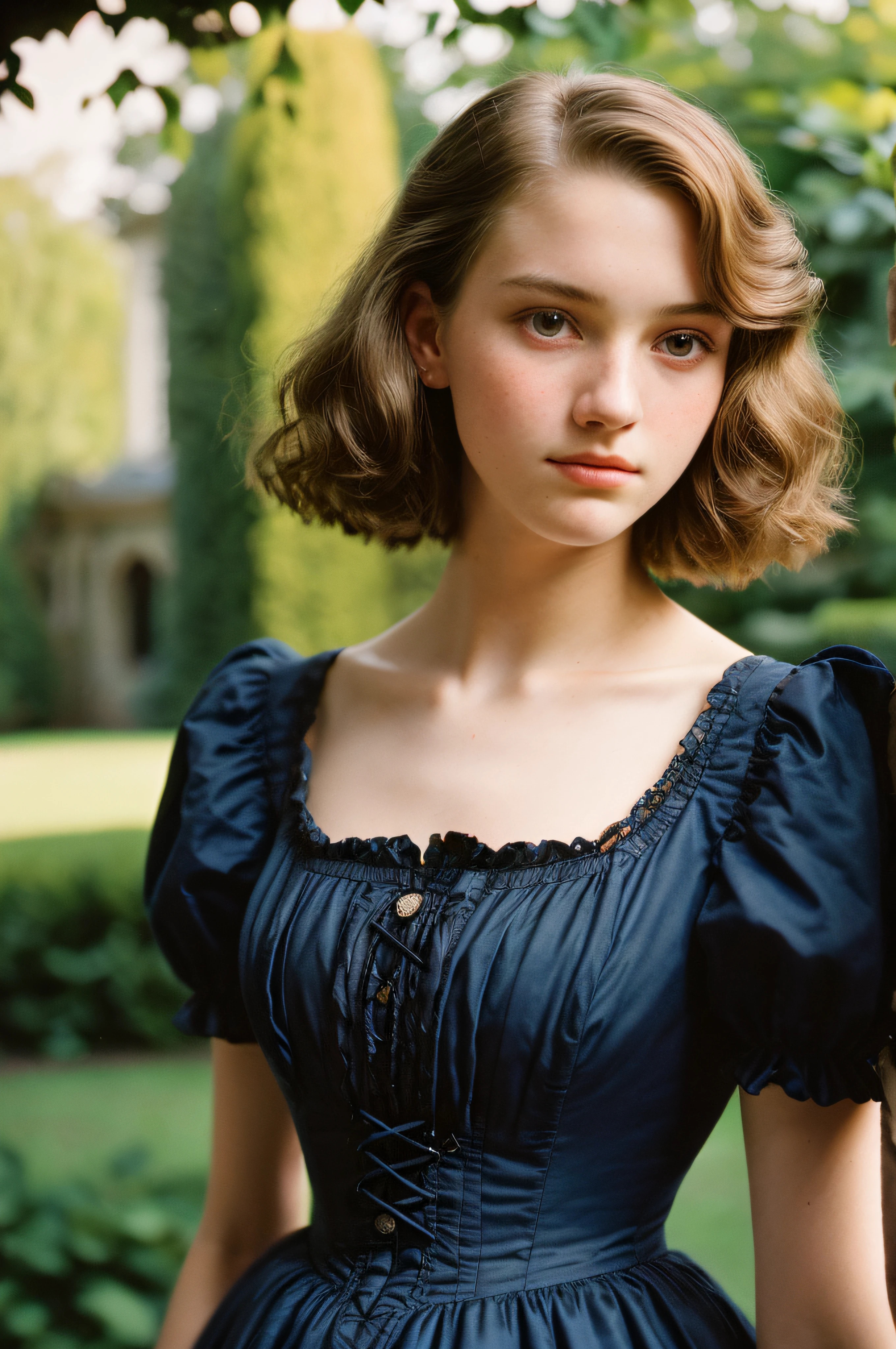 (a closeup of a, Editorial photo of a beautiful slender 16-year-old girl in the courtyard of a 19th century house in a vintage dress), (Serious:0.5) (Highly detailed face:1.4), Nikon D850, film stock photograph ,4 Kodak Portra 400 ,camera f1.6 lens ,saturated colors ,hyper realistic ,lifelike texture, dramatic  lighting , Cinestill 800, 19th-century Victorian style, Evening, Vintage lighting, short wavy hair