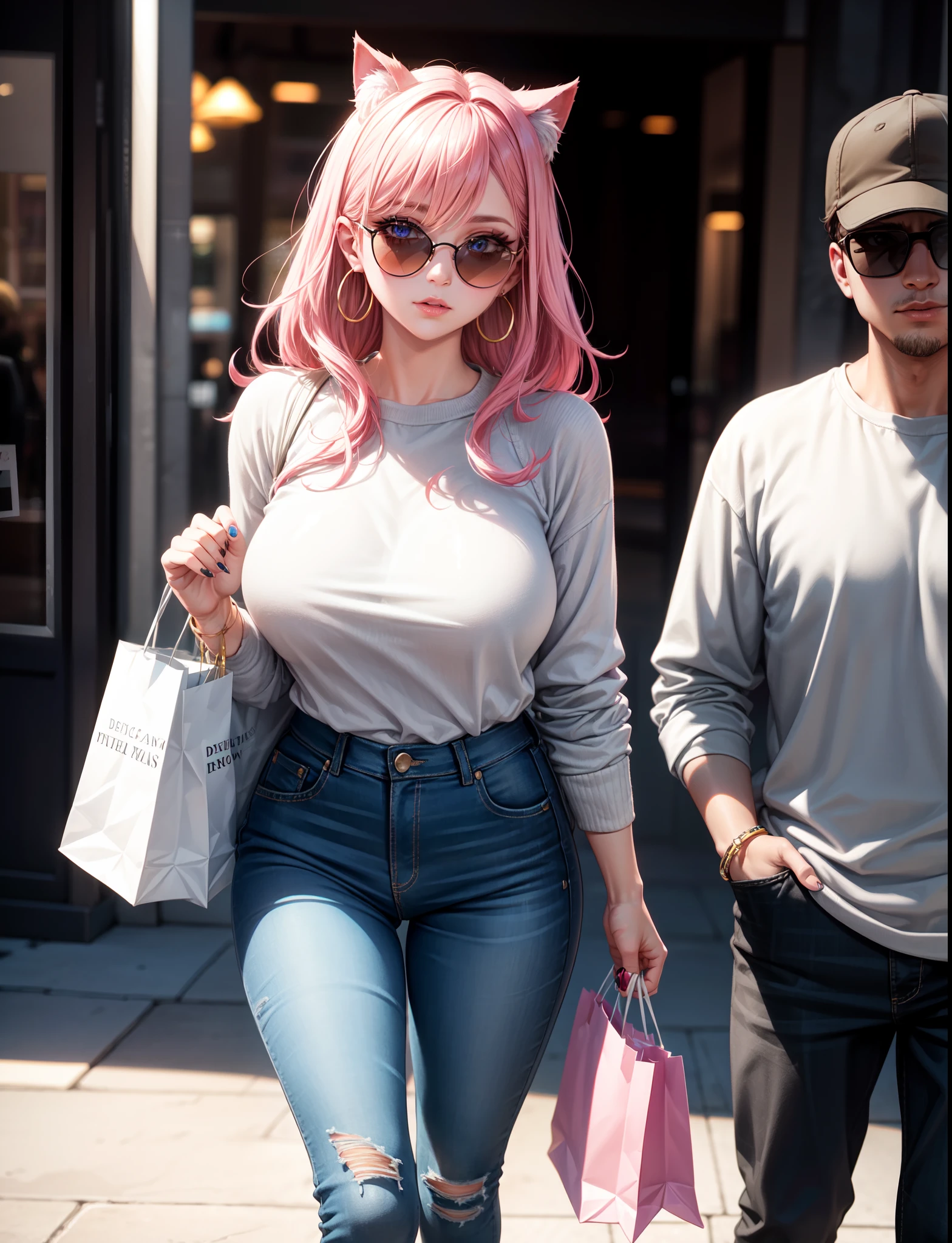 4k,  ,Lens flare, pink hair ,mascara, eyeliner, god rays, 4k, 8k, best quality, masterpiece, hyper detailed, intricate detail, 1boy, 1 girl,  detailed, Detailed fuchsia hair ++, detailed pink eyes ++,  raytracing, perfect shadow, highres, enhanced eyes,  huge breasts, horns, seductive,  hyper detailed, Top: She wears a stylish oversized knit sweater in a soft pastel shade. The sweater is slightly off-the-shoulder, giving it a relaxed and fashionable vibe.

Bottoms: Paired with high-waisted skinny jeans that fit her perfectly. The jeans have distressed detailing and a slightly faded wash for a touch of casual flair.

Footwear: She sports trendy white sneakers with a hint of metallic accents, combining comfort and style for a day of shopping.

Accessories: A crossbody bag in a neutral tone hangs across her body, leaving her hands free for browsing. Oversized sunglasses with a cat-eye shape and delicate gold hoop earrings complete the look.

Hair: Her hair is styled in loose waves that frame her face, giving her an effortlessly chic appearance.

Makeup: For makeup, she keeps it natural with a dewy foundation, a touch of blush, and a nude lip gloss. Her focus is on enhancing her features while keeping a fresh look.

Nails: Her nails are neatly manicured with a neutral nail polish that matches her overall style.

Confidence: Above all, her confident demeanor radiates as she browses through stores and makes her selections, showcasing her keen eye for fashion. 1 boy, he is carrying shopping bags, he is shopping with the girl, he is submissive