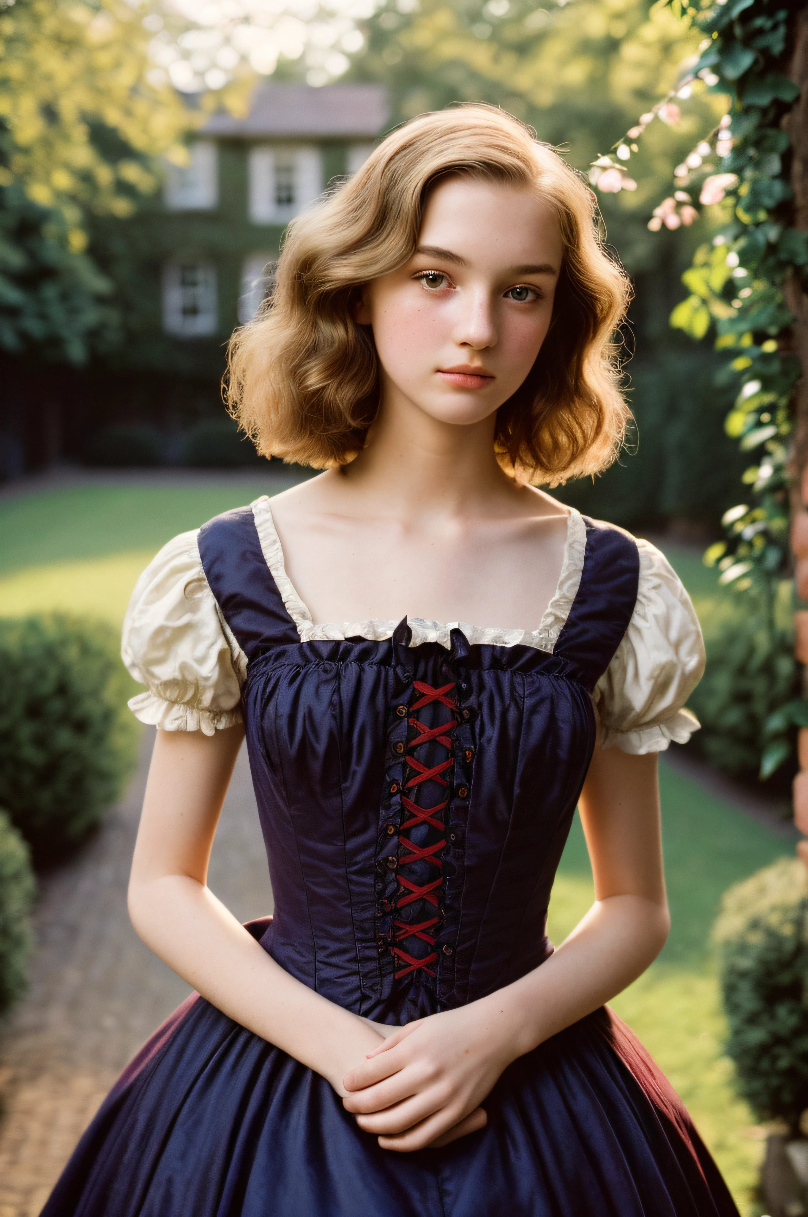 (a closeup of a, Editorial photo of a beautiful slender -yeld giin the courtyard of a 19th century house in a vintage dress), (Serious:0.5) (Highly detailed face:1.4), Nikon D850, film stock photograph ,4 Kodak Portra 400 ,camera f1.6 lens ,saturated colors ,hyper realistic ,lifelike texture, dramatic  lighting , Cinestill 800, 19th-century Victorian style, Evening, Vintage lighting, short wavy hair