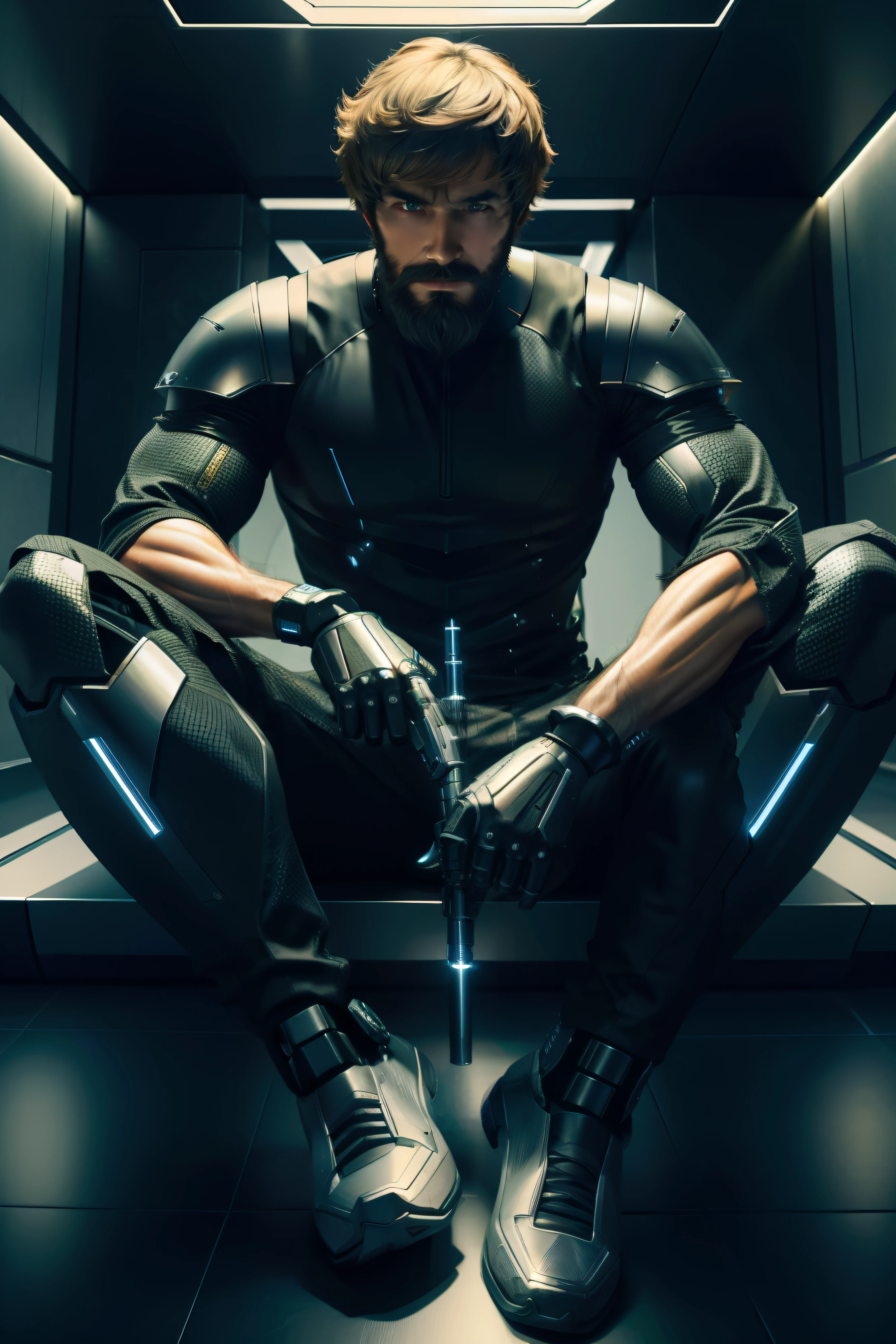 cybernetic man shaggy hair beard sharp face full body sitting in dynamic pose 4k stunning detailed digital art