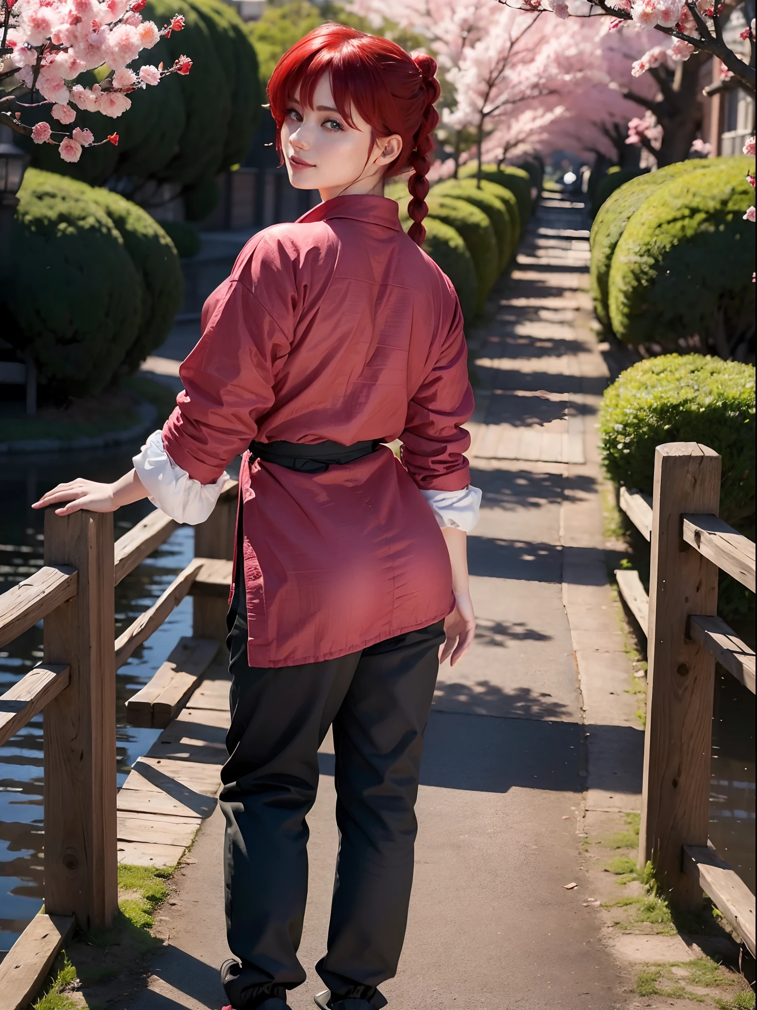 (masterpiece, best quality:1.4), (standing:1.5), (from behind:1.2), 1girl, ranma-chan, (1girl), solo, blue eyes, (red hair),  bangs, tangzhuang, braided ponytail, sleeves rolled up, black pants, black footwear, on a chinesse garden with sakura trees, a bridge and water, looking at viewer, sexy smile, beautiful face, highly detailed face, highly detailed eyes, highly detailed skin, skin pores, subsurface scattering, realistic pupils, full face blush, full lips, detailed background, depth of field, volumetric lighting, sharp focus, absurdres, realistic proportions, good anatomy, (realistic, hyperrealistic:1.4), 16k hdr,