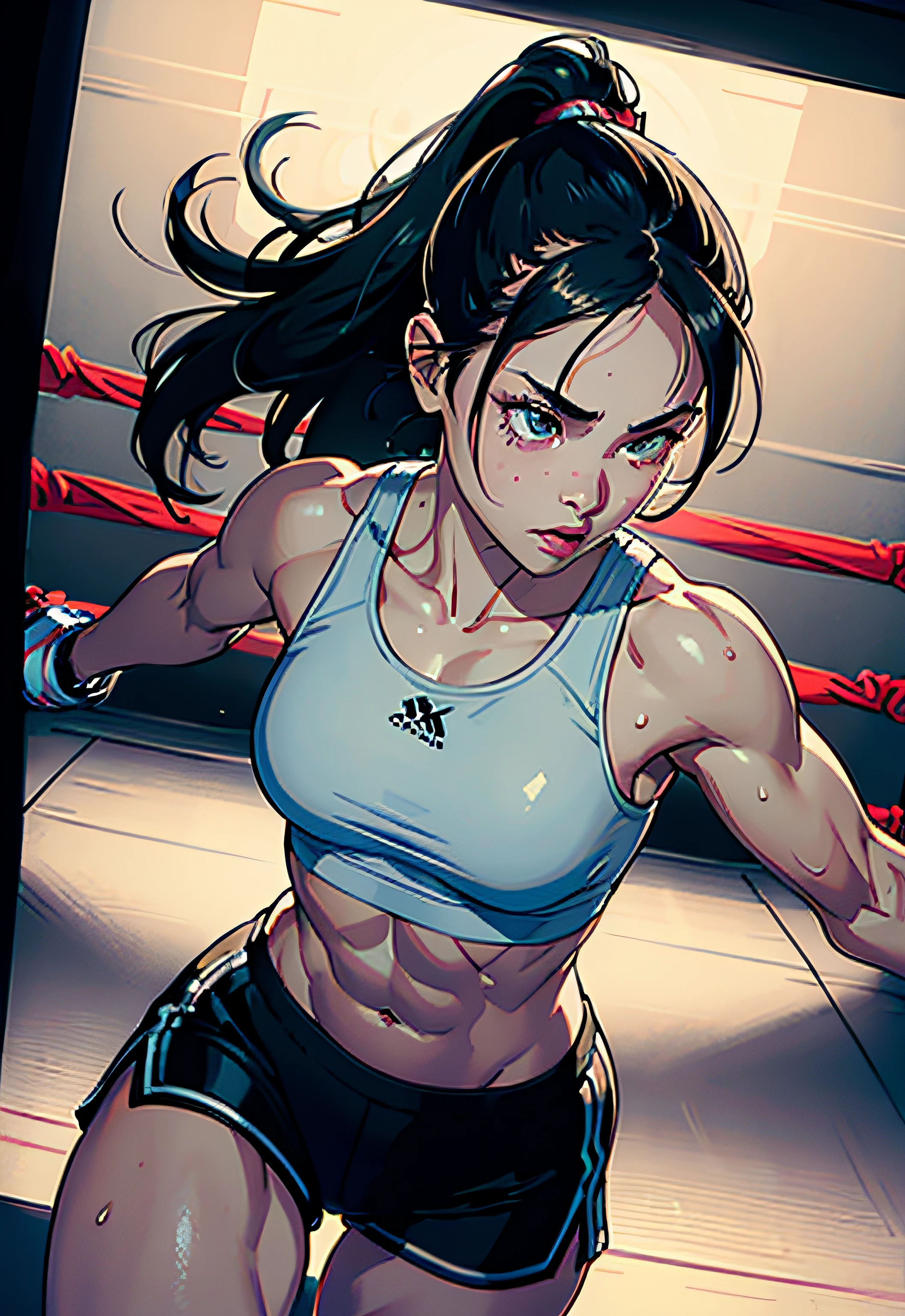 (original) , (very detailed wallpaper) , (best quality) , (masterpiece) , photographic reality, realistic, very detailed illustrations, (1 girl) , beautiful eyes, (delicate face) , perfect detail, (best lighting) , (super complex details) ,
(boxing girl) , (aggressive punching) , sweat, heavy breathing, (oppressive attack) , (boxing ring) , athletic shorts, perfect detail, perfect fingers, perfect limbs, impact, (shiny skin) , abs, muscles, waistline,boxing shorts, fist fight, black hair, high ponytail, very long hair,
4K unified, (super detailed CG: 1.2) , (8K: 1.2) , realistic, octane rendering