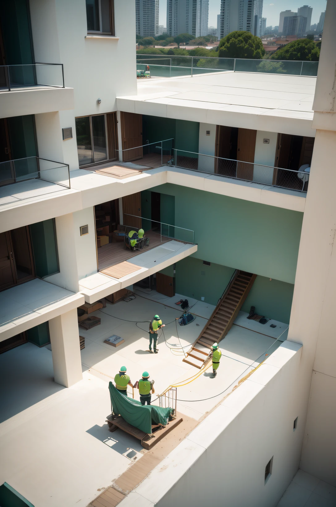 4 pessoas trabalhando na reforma de uma casa de luxo, They're painting the house, pintando a sala de estar usando rolo de pintura, They are uniformed workers, Their uniform is green, usam capacete de obra, is a high standard house in luxury condominium, foto drone