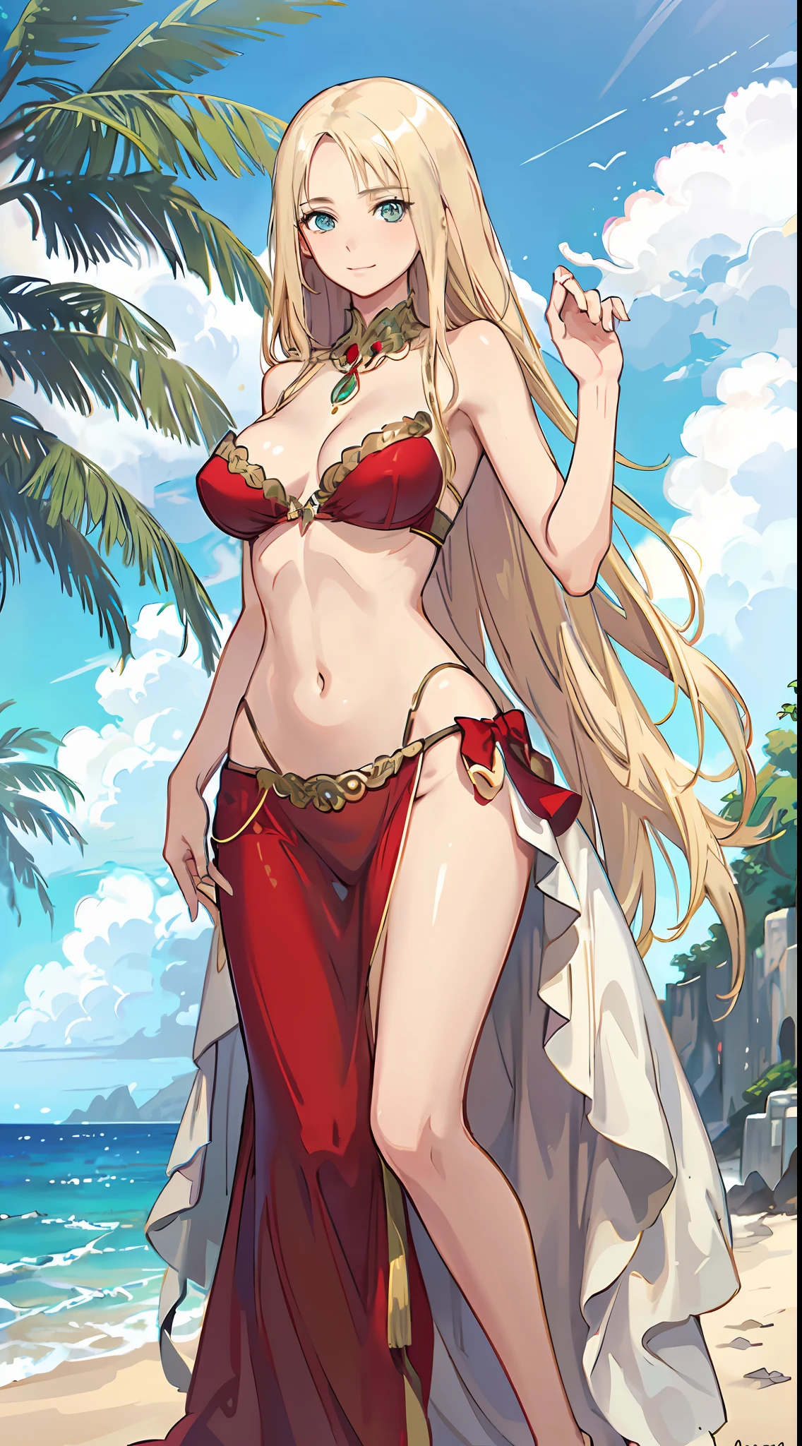 blonde hair, long hair, green eyes, with slender legs and an enticing beach pose, wearing a elegant red gown that shows off her navel, resembling an Arabian belly dancer. She has a short trimmed skirt and her flowing blonde hair is styled in a side ponytail. Her captivating blue eyes exude happiness, while her outfit highlights her alluring cleavage, happy