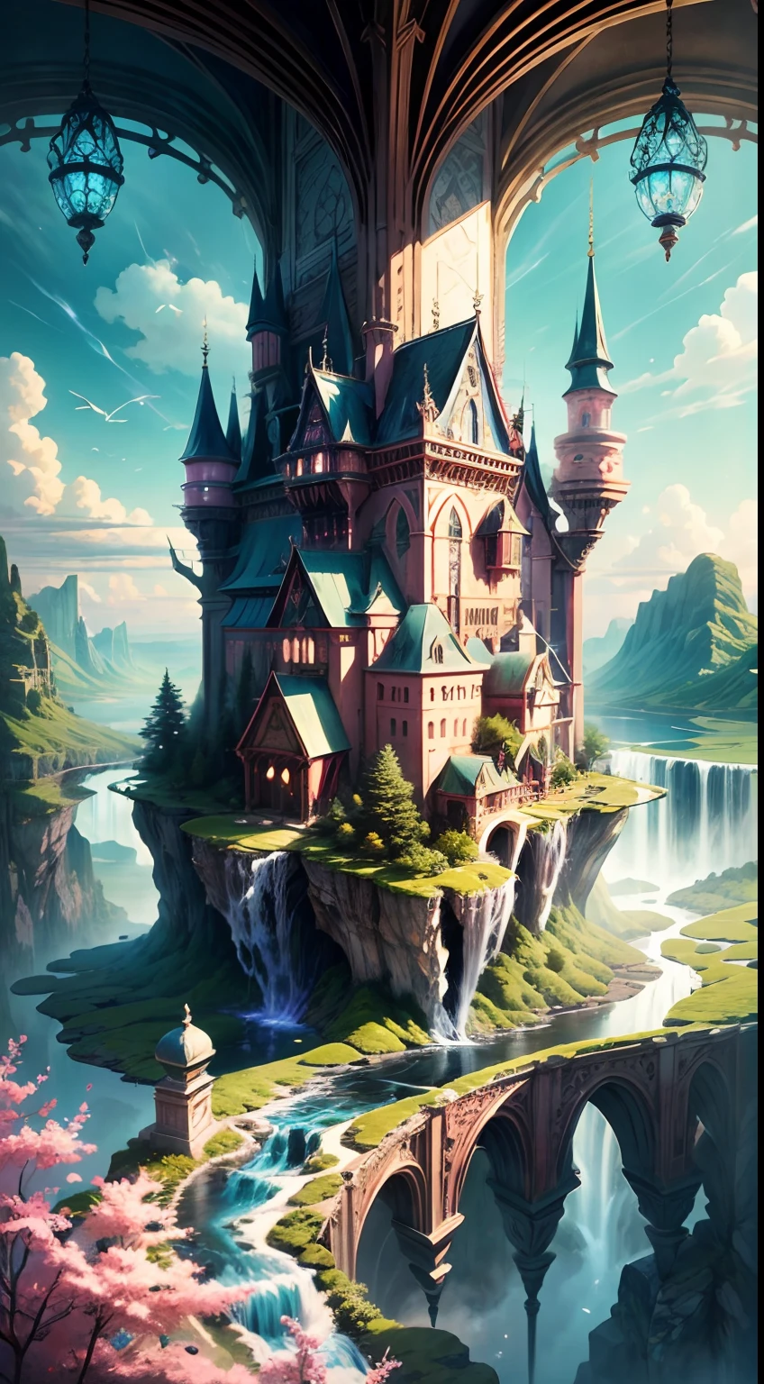 Envision a mesmerizing scene of a romantic realm of vibrant dreams. The environment is filled with intricate floating islands, fluffy clouds, waterfalls cascading from the floating islands, and a vibrant, surreal atmosphere. The atmosphere is filled with a sense of wonder and tranquility. Include many shades of pink in the image along with other vibrant jewel-toned hues. This scene will be depicted in an anime-style illustration, with soft lines, pastel colors, and a whimsical touch. All buildings are extremely detailed and elegant. The artwork will capture the ethereal beauty and tranquility of the dreamlike realm, creating a sense of harmony and escape from the ordinary world. Include teal water, colorful watercolor skies, glowing elements, and many small fantasy details including iridescence, expertly created majestic landscapes, and shimmer and glimmer. Above all else, this should look like a fantasy artwork.