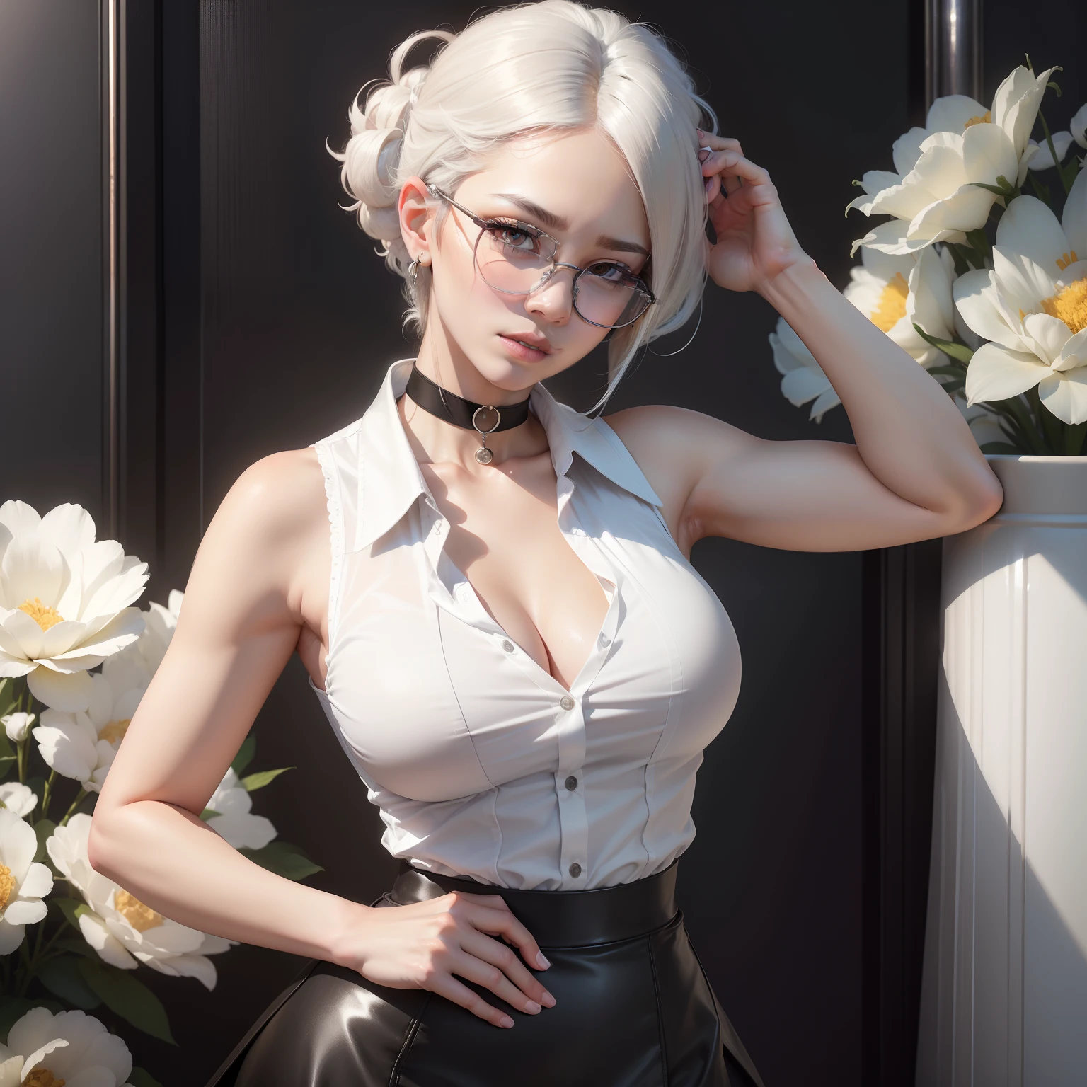 best quality, ultra high res, (photorealistic:1.4), 1woman, sleeveless white button shirt, black skirt, black choker, ((glasses)), (Kpop idol), (aegyo sal:1), (platinum blonde grey hair:1), ((puffy eyes)), looking at viewer, full body, flowers