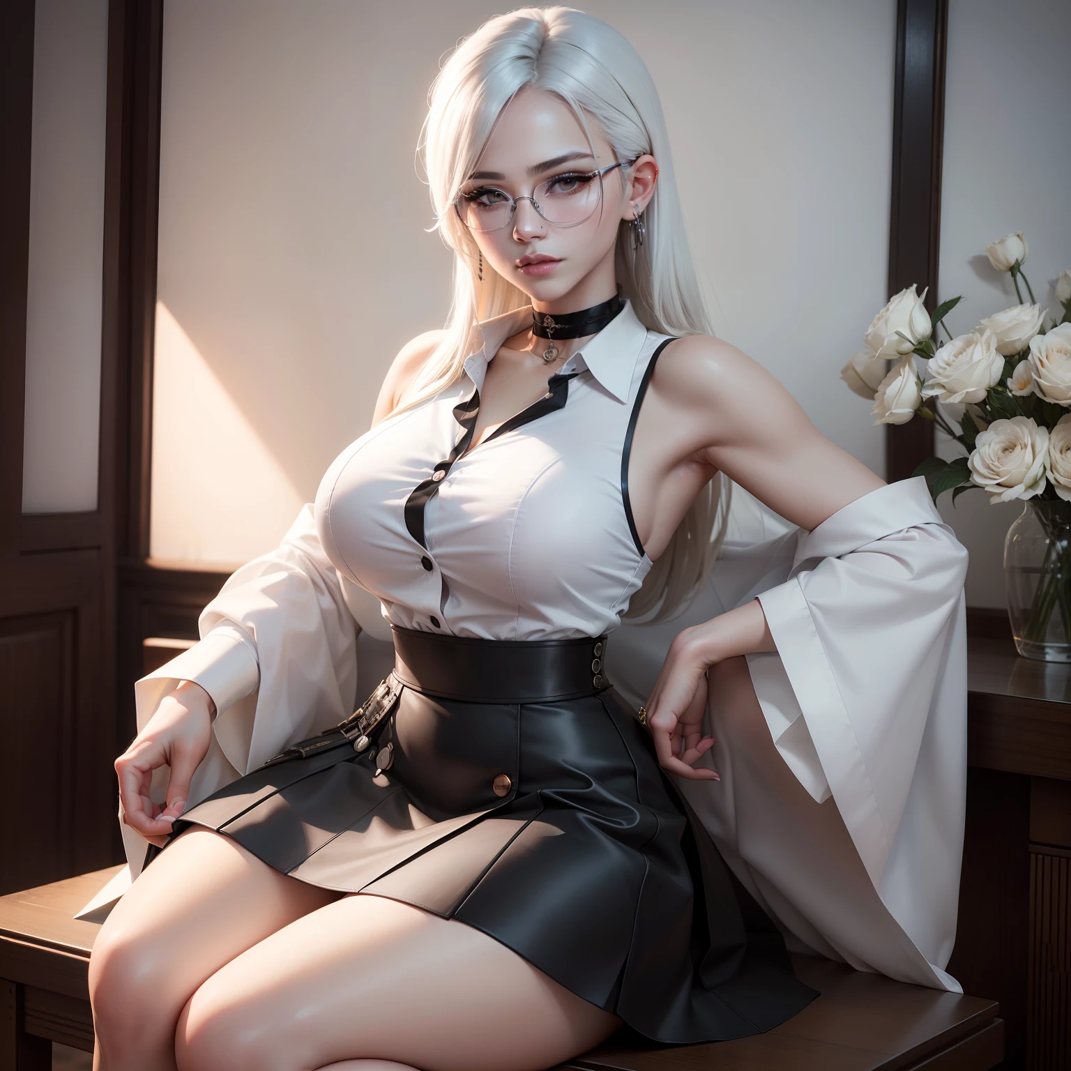 best quality, ultra high res, (photorealistic:1.4), 1woman, sleeveless white button shirt, black skirt, black choker, ((glasses)), (Kpop idol), (aegyo sal:1), (platinum blonde grey hair:1), ((puffy eyes)), looking at viewer, full body, flowers
