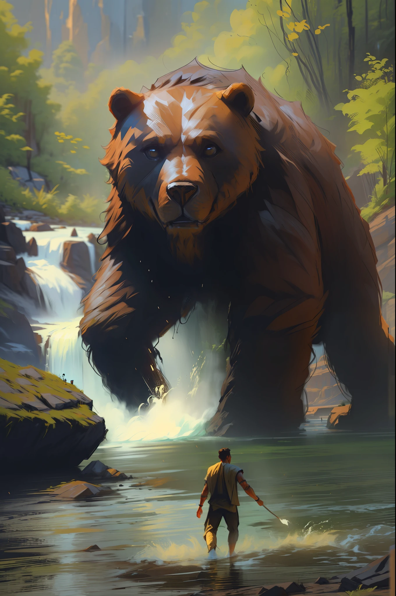 A brown-looking Hindu-looking man, a vigorous warrior, walking on a river with a waterfall behind him and a huge bear spirit behind him; (espirito de urso) (cachoeira ao fundo da imagem:1.1) Tracing of volumetric haze rays z pass bright light, (obra-prima) (melhor qualidade) (detalhado) (8k) (cinematic lighthing) (foco nítido) (intrincado)
