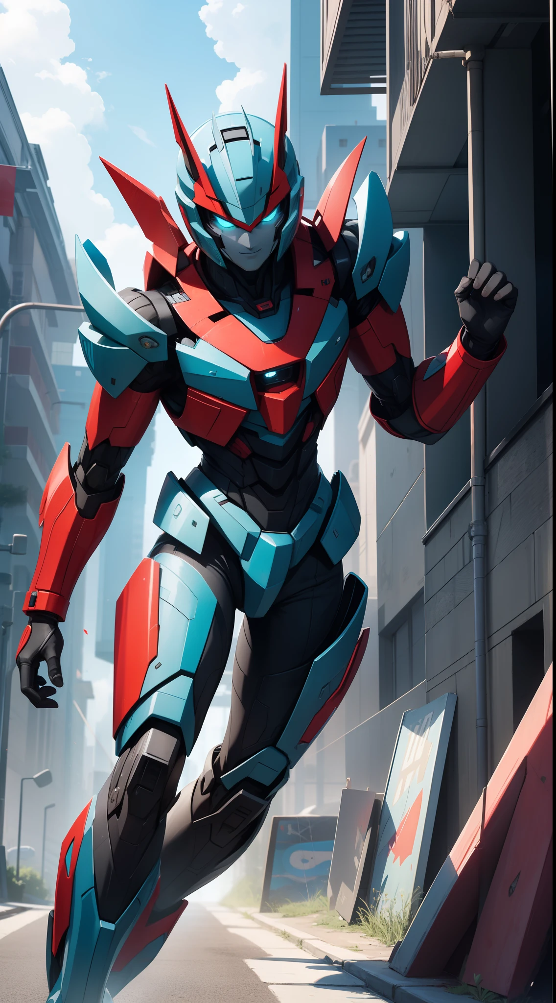Young guy, short gray hair, Cyan eyes, Autobot's red armor, running, ssmile, Masterpiece, hiquality