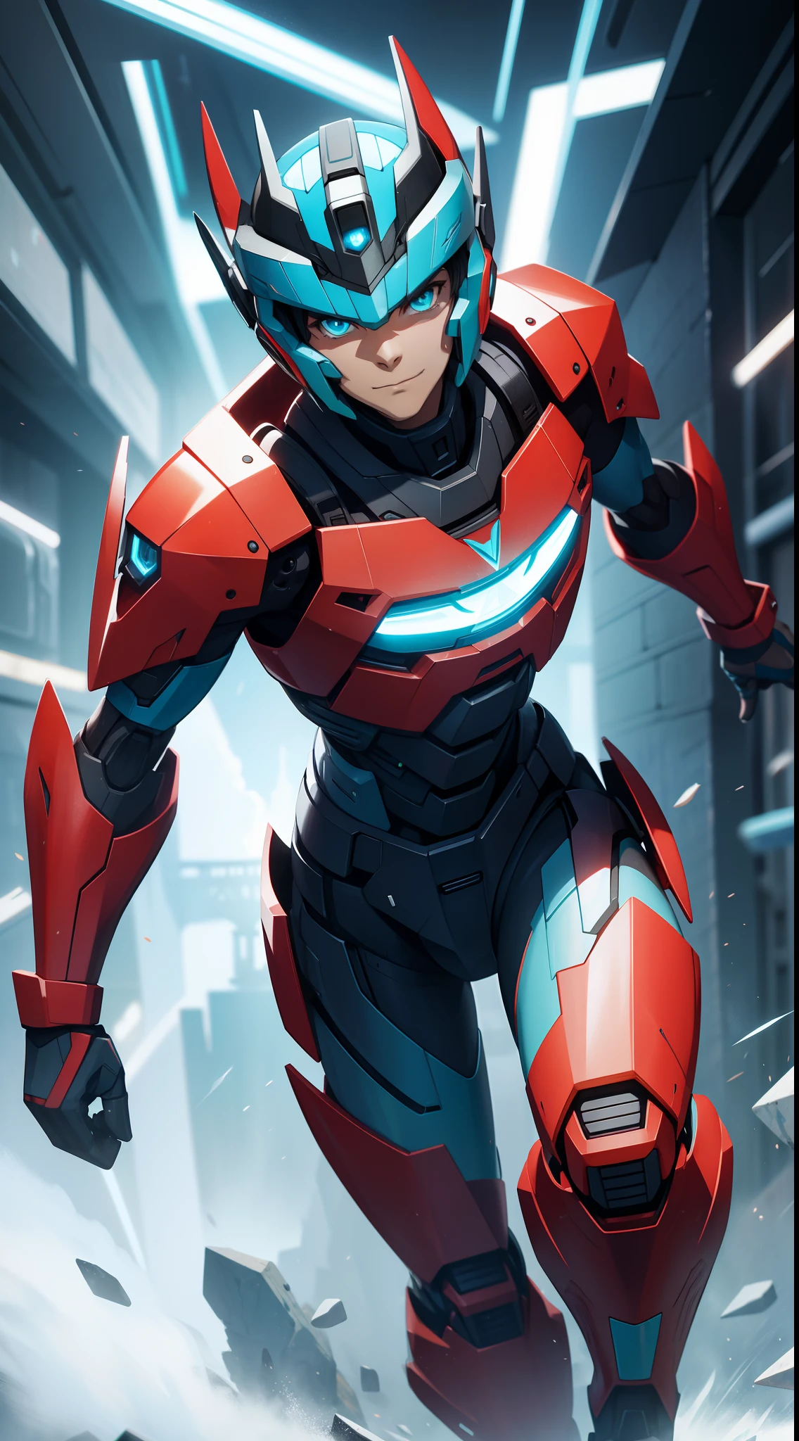 Young guy, short gray hair, Cyan eyes, Autobot's red armor, running, ssmile, Masterpiece, hiquality