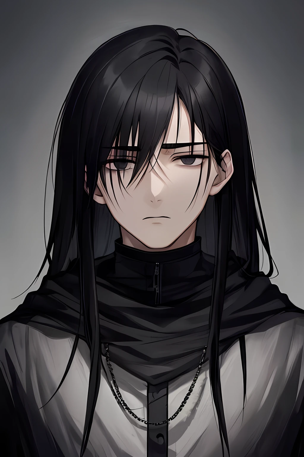 Black-haired boy，Black eyes full of hollows，face expressionless，Lonely and deep，Dark personality