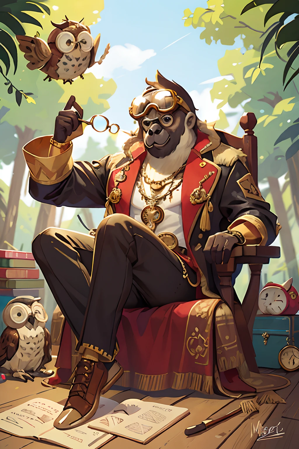 masterpiece, best quality, photorealistic ,fashionmonkey, gorilla, eyewear on head, gears, gem, goggles , gold, jewelry, magic circle,male_focus, owl, pants, shoes, sunglasses, tassel, throne,