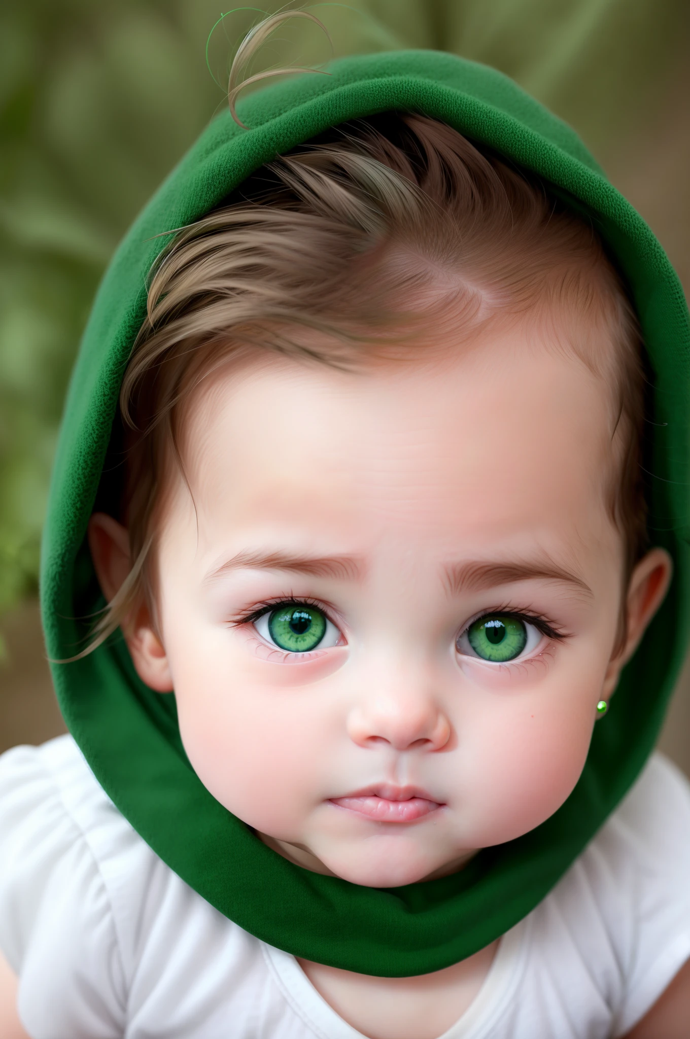 there is a baby with a green hood on and a white shirt, adorable digital painting, big open green eyes, dreamy green eyes, beautiful green eyes, lovely green eyes, big green eyes, beautiful huge eyes, green eyes fine face pretty face, bright green eyes, deep green eyes, cute round green slanted eyes, huge adorable eyes, adorable eyes