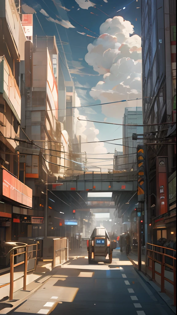 "Skysky，Clouds，Holding weapons，NOhumans，Please add glow elements，droid，buliding，scientific fiction，城市，Realistic futuristic world，High-tech building，Bustling commercial street，air corridor，China-style，Deconstructivism，atom punck" --v6