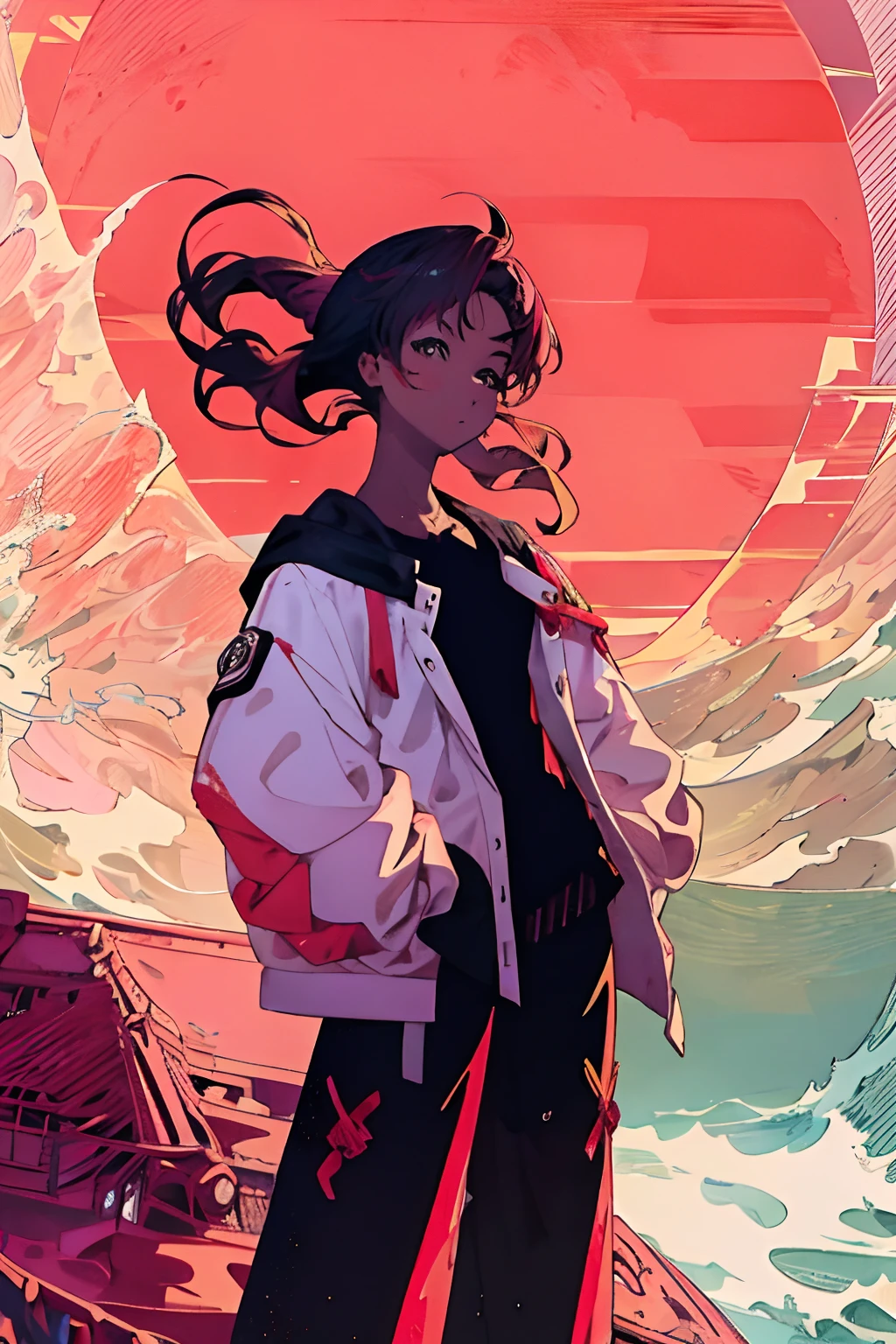 melhor qualidade, papel de parede 4K, obra-prima, extremamente detalhado CG unidade de papel de parede 8k, olhos extremamente detalhados, ultra-detalhado, detalhes intrincados, 1girl, estilo de arte retro, estilo de arte neon_pop, Public, ao ar livre, sinal de estrada, cidade,gradient in hair, cabelo preto, cabelo curto, scarlet red iris, sorriso sacartisco, hands in a pocket, black pant, jaqueta vermelha com detalhes pretos, cidade faroeste,cabelo undercut, cabelo baixo dos lados e em cima alto,(estilo de cabelo undercut)