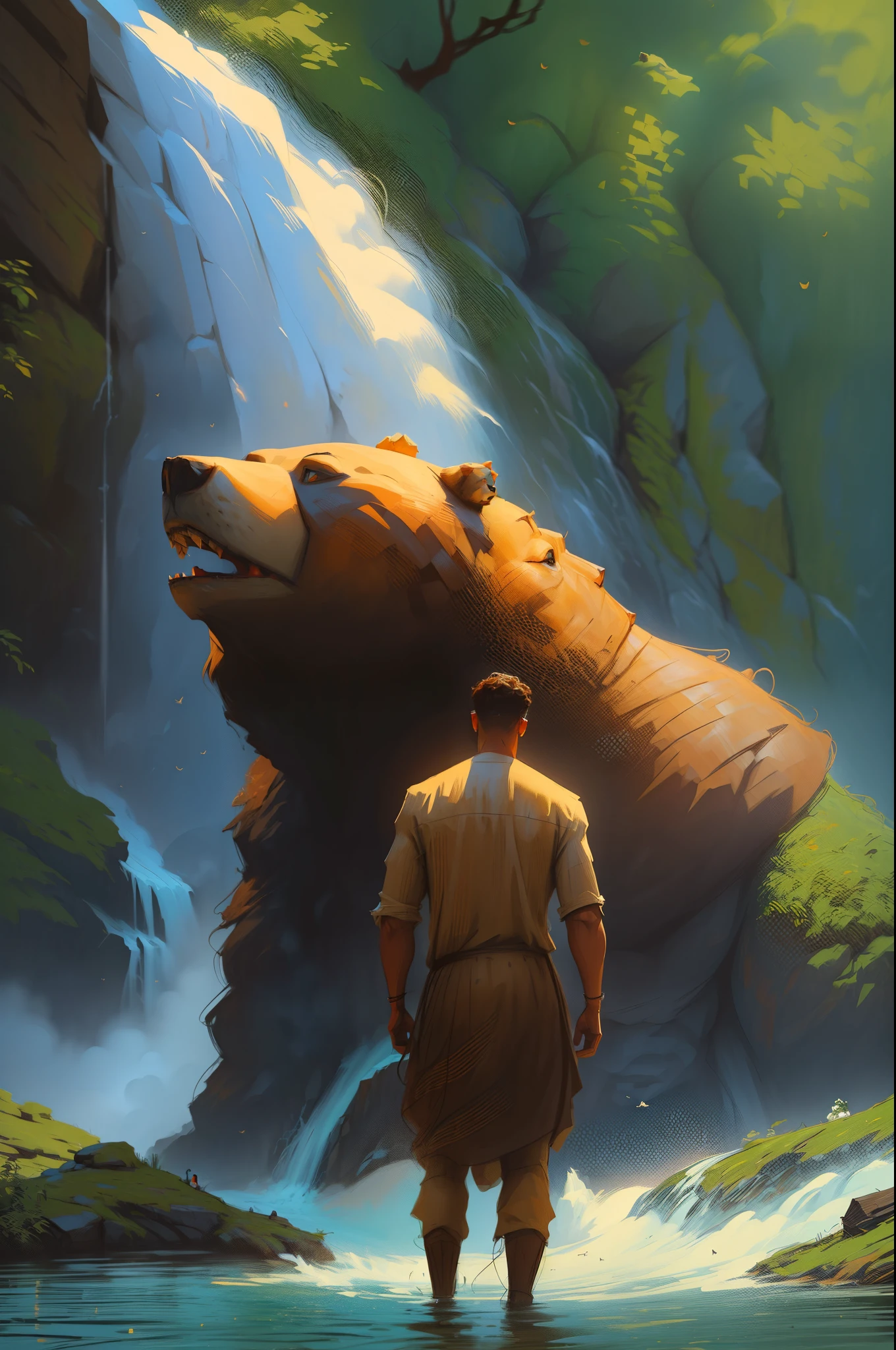 a brown gypsy Hindu-looking man, standing in the water with a colossal totem spirit bear behind him in a waterfall, fantasia,Wojtek FUS, Beeple e Tim Hildebrandt, arte conceitual | RHADS, por RHADS, Beeple e Greg Rutkowski, inspired by the Brothers Hildebrandt, inspirado em Tim e Greg Hildebrandt, inspired by the Brothers Hildebrandt, giant bear human hybrid, inspirado no RHADS
