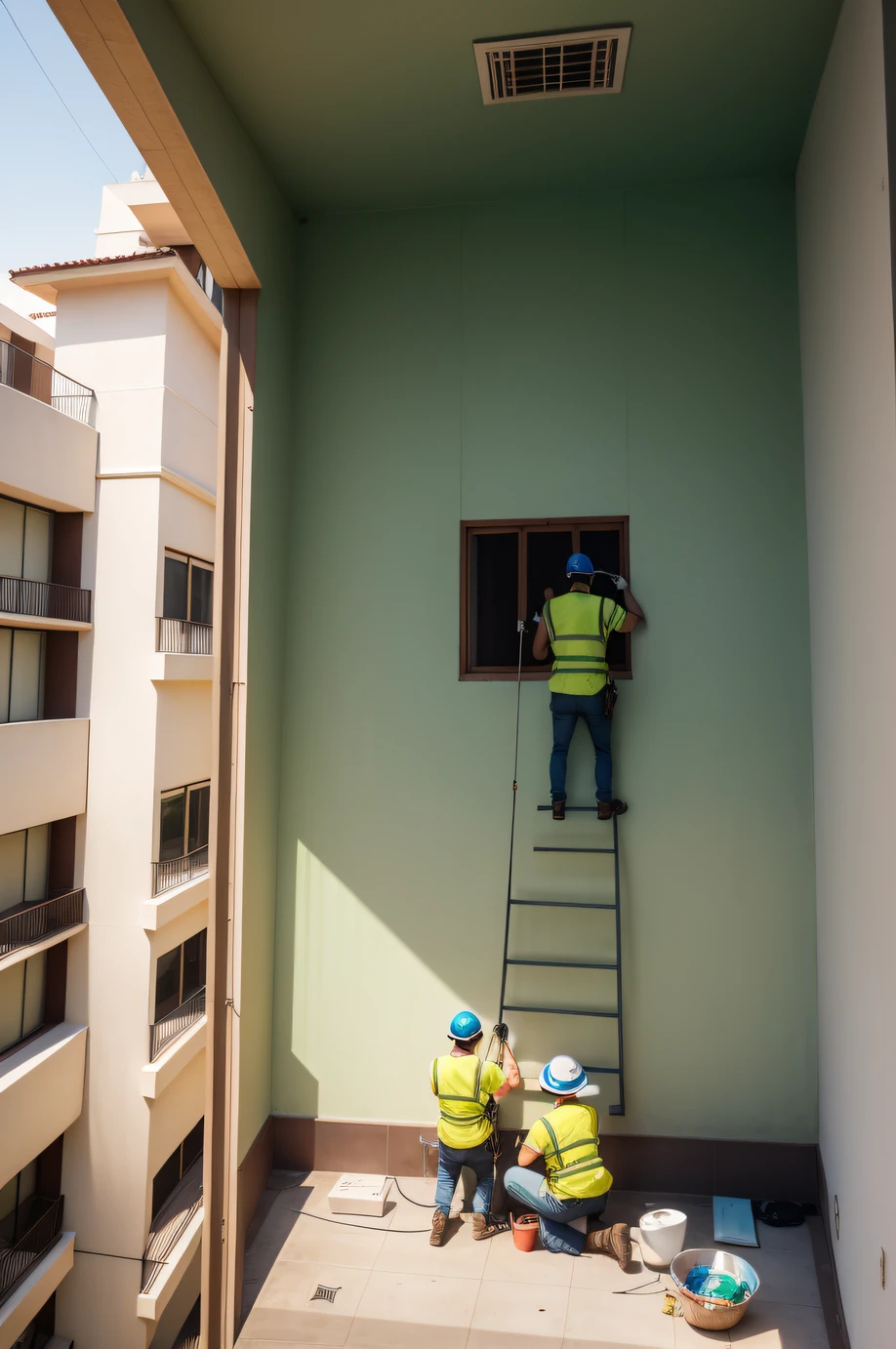 5 pessoas trabalhando na reforma de uma casa de luxo, They're painting the house, pintando a sala de estar usando rolo de pintura, They are uniformed workers, Their uniform is green, usam capacete de obra, is a high standard house in luxury condominium, foto drone