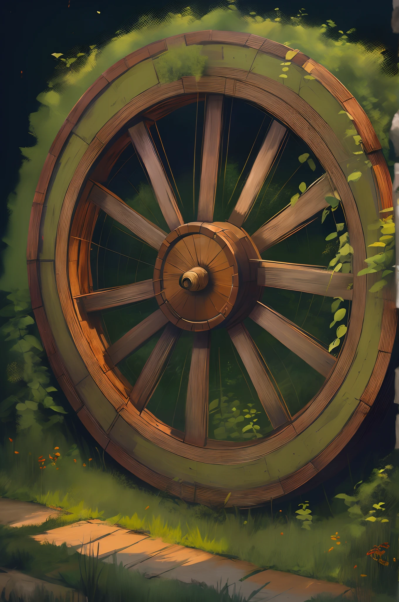 There is a painting of a wooden wheel with a green background, roda, pintado como uma arte conceitual de jogo, arte conceitual de pintura digital, baixo detalhamento. pintura digital, pintura digital detalhada, arte conceitual estilizada, pintura digital muito detalhada, painterly concept art, Arte de fundo, Pintura Digital de Alto Detalhe, motor irrealpintura digital, oil paint concept art, pintura conceitual