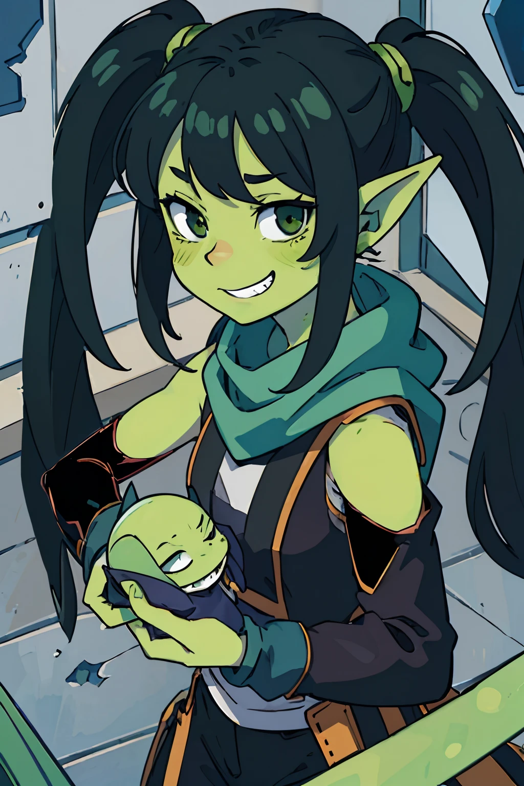 (best-quality:0.8), (best-quality:0.8), perfect anime illustration, extreme closeup portrait of a pretty goblin, (((green skin)))