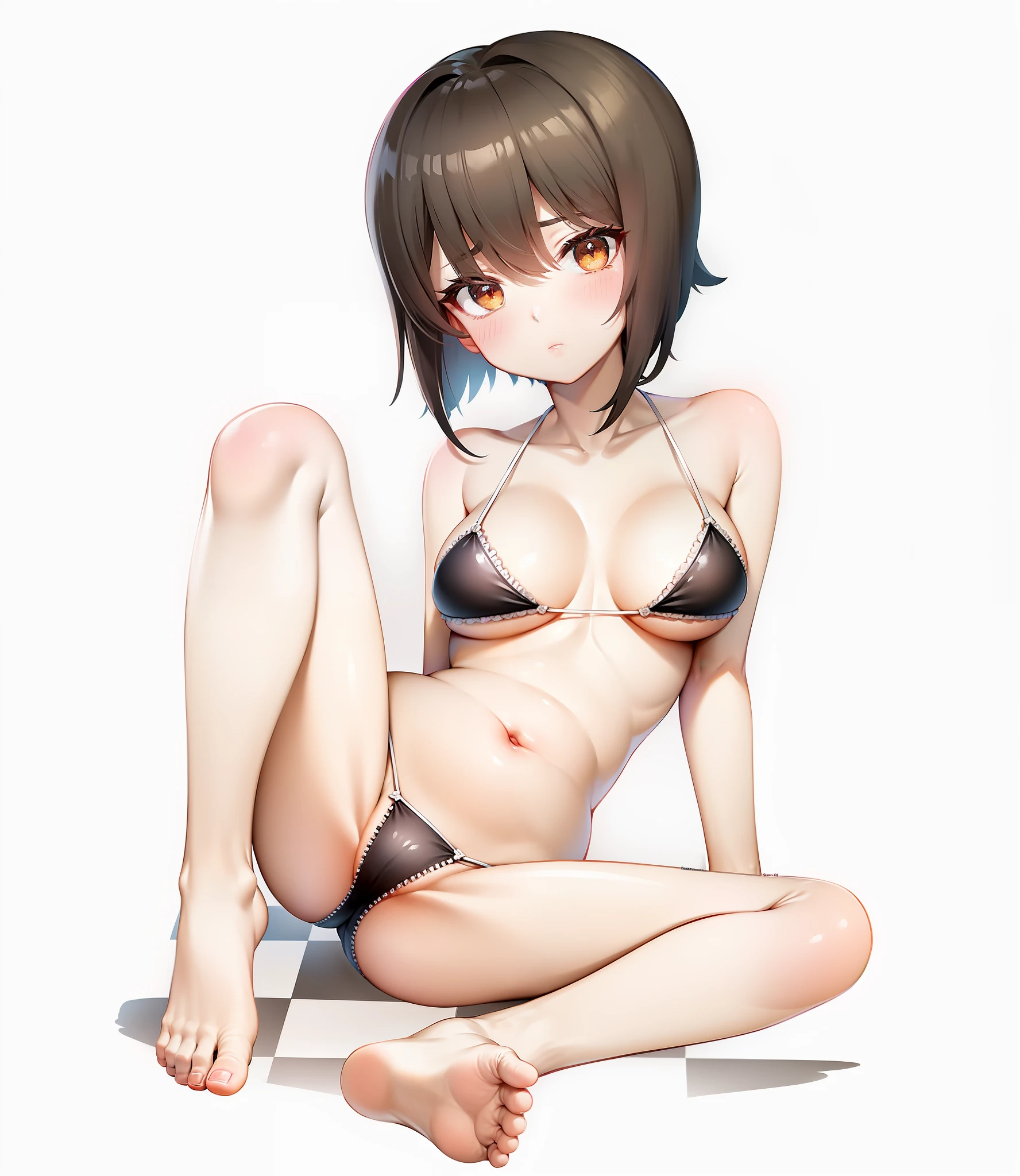 "Crie uma obra de arte do personagem Maho Nishizuni, Wearing a black bikini, with the belly out and navel on display, seios enormes, em um fundo de uma praia tropical, delicate feet outdoors."