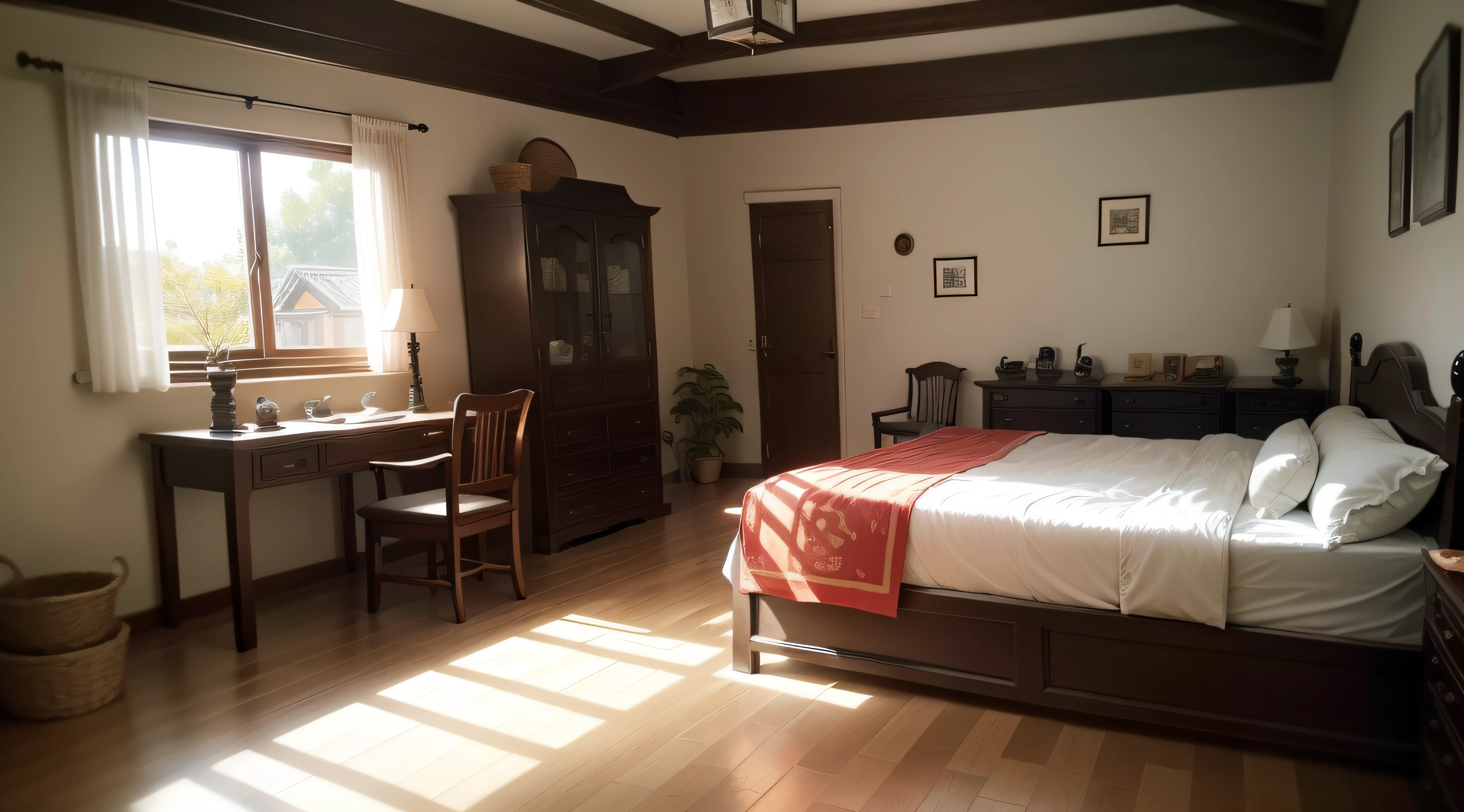 A family environment for an old soldier,There is a dining table,Room with desk and window,personal room background,White walls,rpg maker style bedroom,Soft lighting interior background art bedroom background,Old,Chinese style