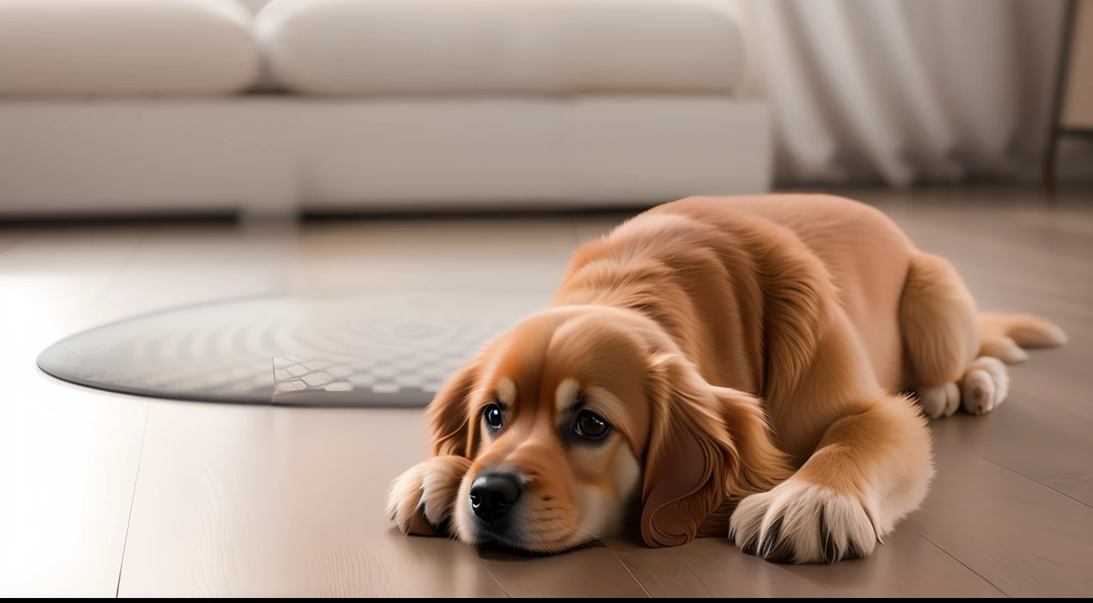 Close-up of a very cute dog lying on the floor of a room, desanimado, com baixa energia, triste, volumetric soft light, (luz de fundo: 1.3), (filme: 1.2), detalhes intrincados, (art-station: 1.3), Rutkowski