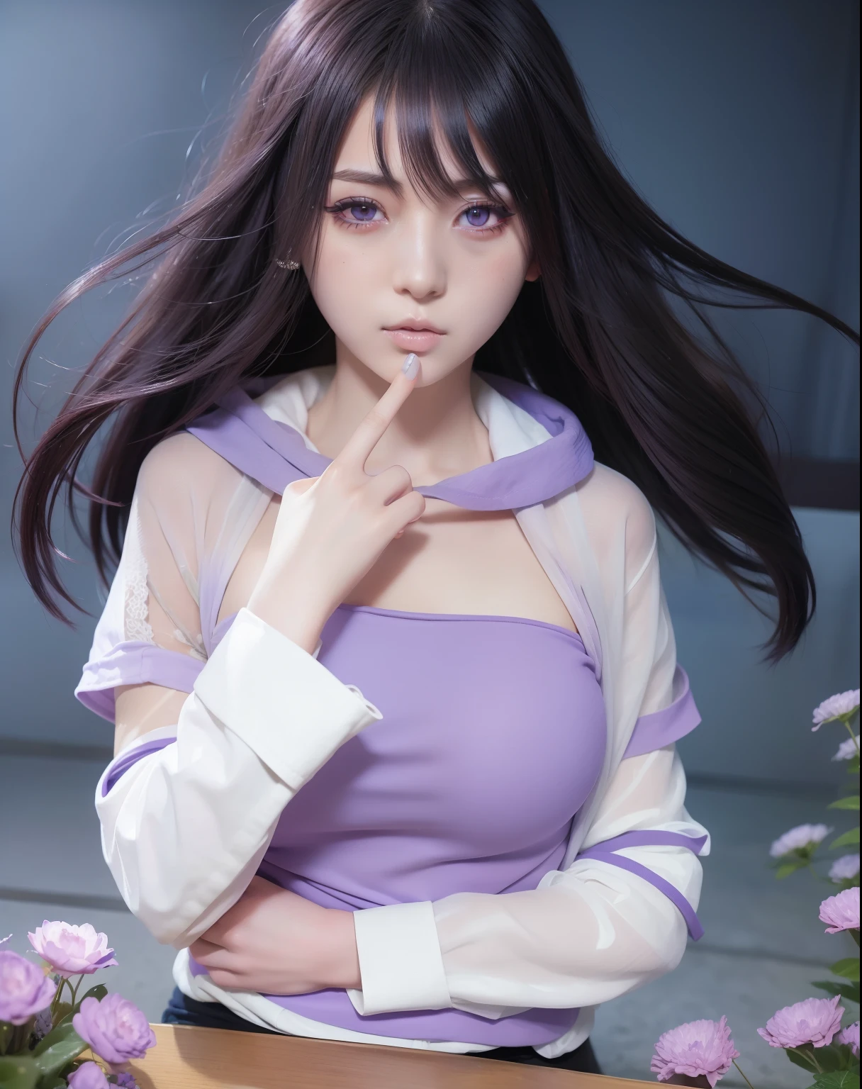 1girl, Hinata Hyuga,Purple clothes, short hair, black hair,Realistic,sexy,ultra details,70mm lens,