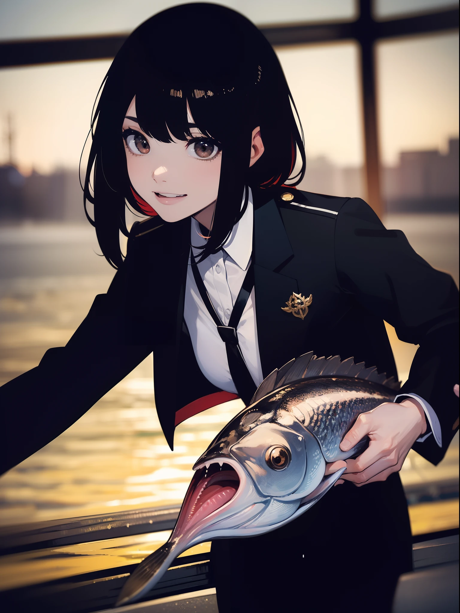 ((((Catching a big black bass by the lakeside)))),((Best Quality, masutepiece :1.3)),((( Large Mouth Bass))),hight resolution,ultra-detailliert,Beauty and aesthetics,masterpiece,best qualtiy,(1 Japanese woman),Black hair, long eyeslashes, Solid Circle Eyes, smile, drop shadow, Atmospheric perspective,Super Detail, ccurate, small brest,(Black jacket :1.1),top-quality, absurderes:1.2, blurry backround, bokeh dof:1.2, a picture, (masterpiece:1.3), (intricate detailes:1.2), Atmospheric perspective,Super Detail, ccurate,