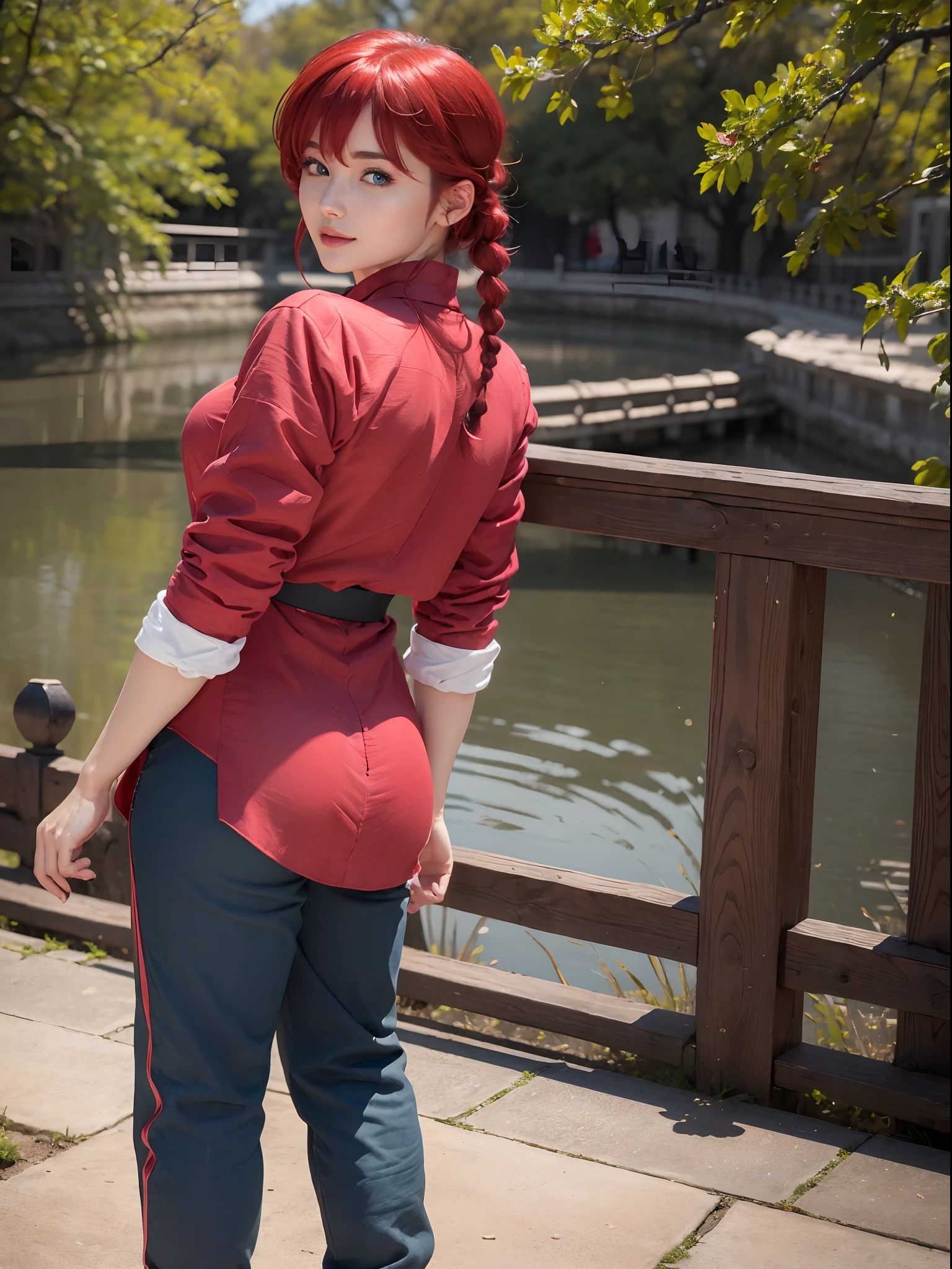 (masterpiece, best quality:1.4), (standing:1.5), (from behind:1.2), (sexy pose:1.5), 1girl, ranma-chan, (1girl), solo, blue eyes, (red hair),  bangs, tangzhuang, braided ponytail, sleeves rolled up, black pants, black footwear, on a chinesse garden with sakura trees, a bridge and water, looking at viewer, sexy smile, beautiful face, highly detailed face, highly detailed eyes, highly detailed skin, skin pores, subsurface scattering, realistic pupils, full face blush, full lips, detailed background, depth of field, volumetric lighting, sharp focus, absurdres, realistic proportions, good anatomy, (realistic, hyperrealistic:1.4), 16k hdr,