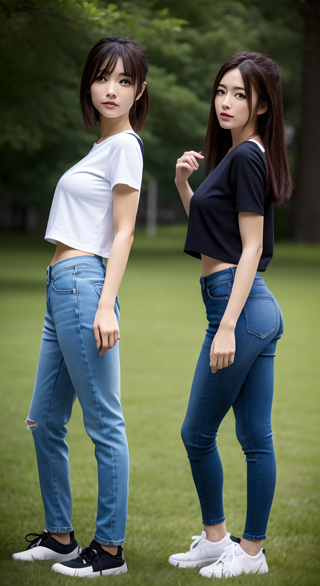 （（top-quality，8K，tmasterpiece：1.3）），focal：1.2，Perfect beauty：1.8，glute：1.2，（Layered Hair Style，boobgasm：1.5）），（wetclothes：1.1），Japan high school student，Blue T-shirt and crop top jeans，Stylish sneakers:1.2，（outside，grassy fields），Highly Detailed Face and Skin Textur，largeeyes，Tanuki face，二重まぶた，Whitens the skin，The posture is diverse，Show off your sexy body and beautiful buttocks，Full body shooting:1.8