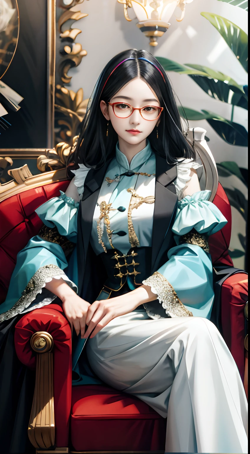 (hoang lap,A high resolution,ultra - detailed),1girll,独奏,baroque,long skirt,longer sleeves,ellegance,Colorful,Most detailed,Wear square-rimmed glasses,Wearing a white coat,(the doctor,The upper part of the body,cabelos preto e longos)