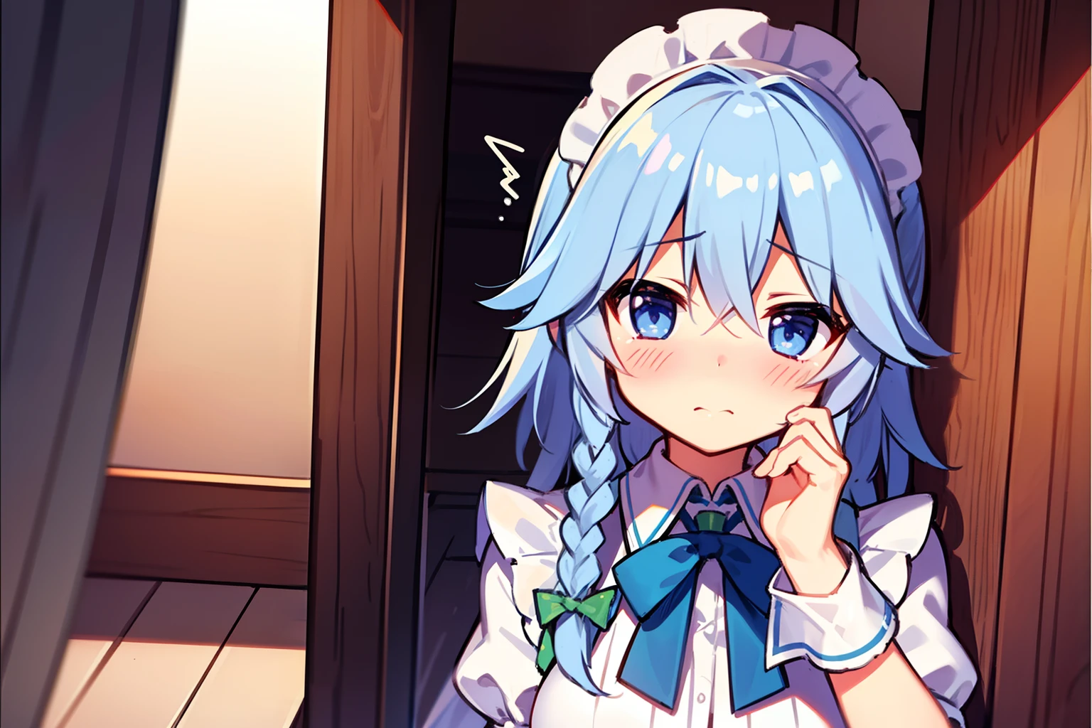 Anime girl with blue hair and blue eyes in a room - SeaArt AI