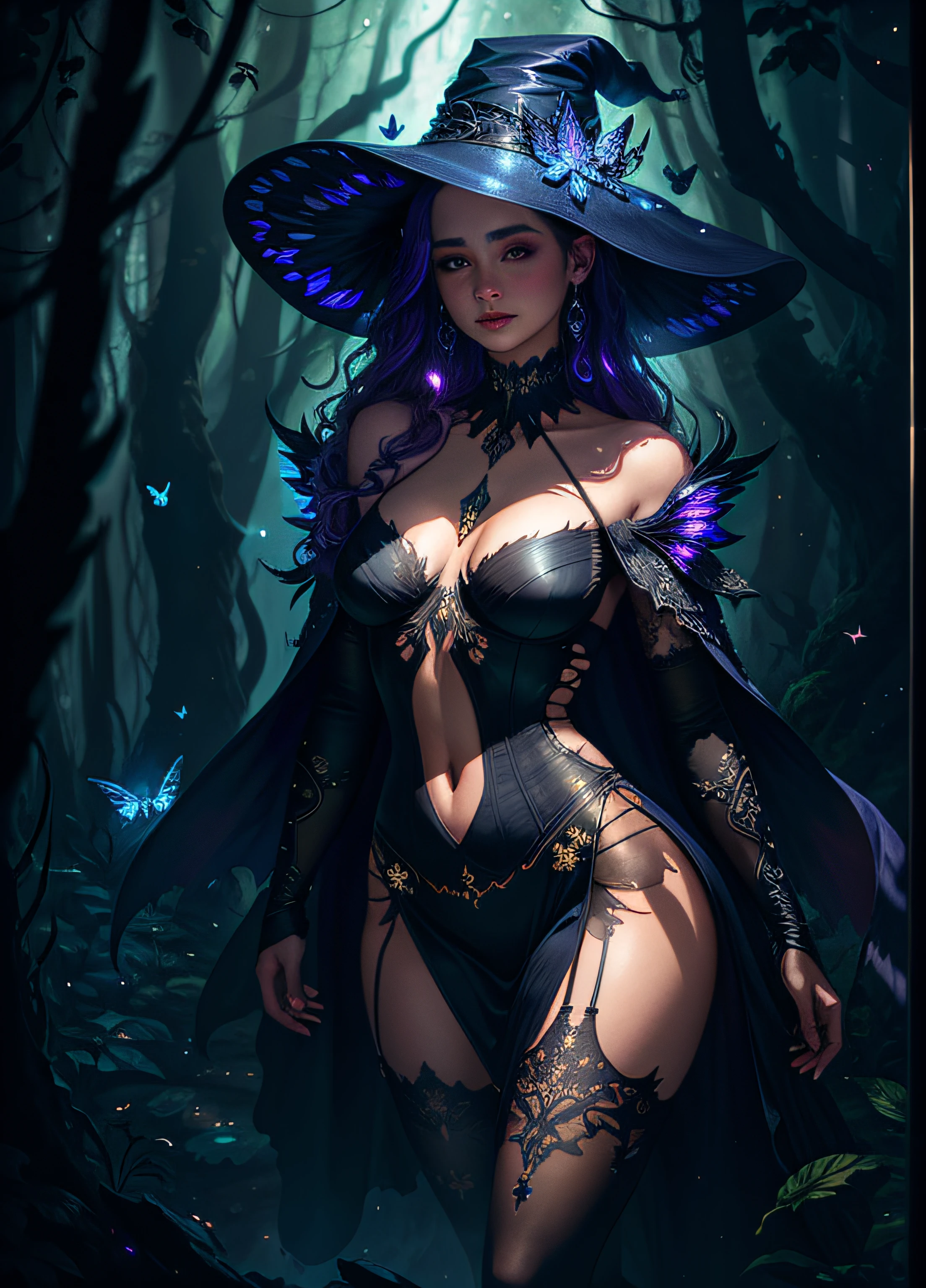 sexy full shot body photo of the most beautiful artwork in the world, illustration, cinematic light, fantasy, highres, highest quallity, ultra detailed,  best quality, masterpiece, (detailed face), sexy mature woman wears a shirt and (torn) fullbody (transparent galaxy) cloths coat, floating cloth, choker, glowing (elder underworld fantasy) forest plants with neon details, open shoulders, tiny glowing butterfly, hair jewery, wearing a torn witch hat, (focus on body:1.25), night, small mutated animals in background, torn mini skirt ,a potion on hip, shoulder pads emitting magic energy, cameltoe, dark, light reflection