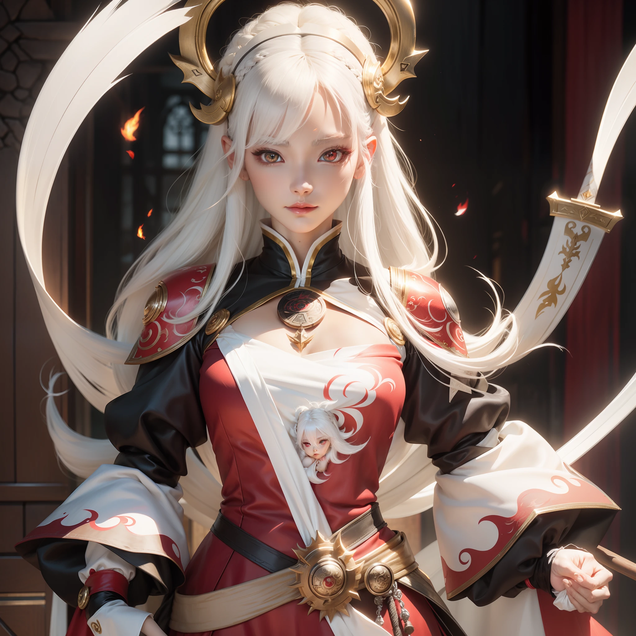 A white hair.Close up of woman with red eyes and white mask,Belle peinture de personnage,Guviz,Guviz-style artwork,White-haired god,Yang J,Epic and beautiful character art,FAN Qi,Small sleeves,The chest is large。A sword in Western European style hangs from his waist。The sleeves of the clothes are eight-point sleeves,Small cuffs。