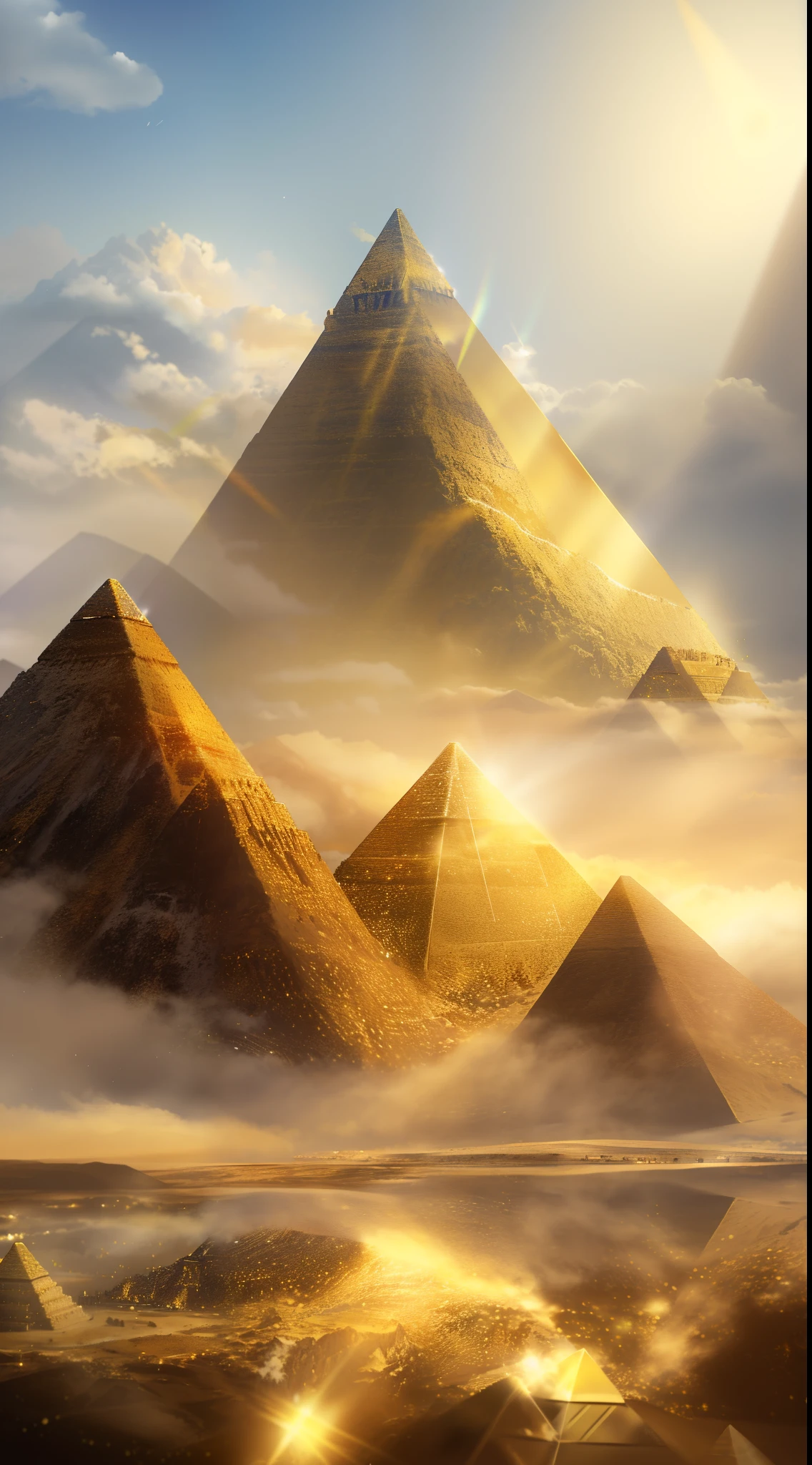 Close-up of a mountain,Golden sky and some clouds, Golden pyramids, ancient megastructure pyramid, pyramids style, Pyramid background, pyramid, pyramid portal, pyramid, golden mountain in the desert, author:Alexander Kucharisky, Pyramids in the desert, author:Kurt Roesch, gold gates of heaven, Pyramids of Egypt
