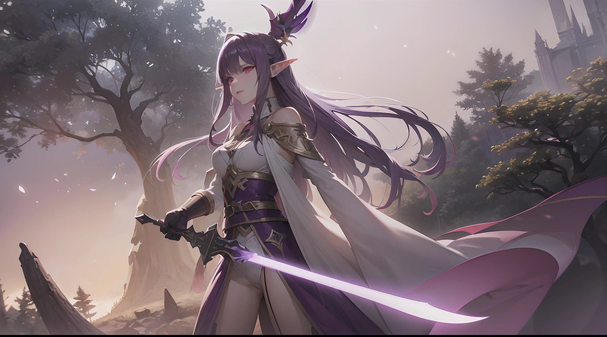 A female elf from middle earth (white robes, dark purple hair and red eyes) holding a sword (high detailed gladius with purple attorney), masterpiece, best quality, (extremely detailed unity 8k CG wallpaper), (best quality), (best illustration), (best shadow), realistic lighting, (closed forest), beautiful detailed brightness.