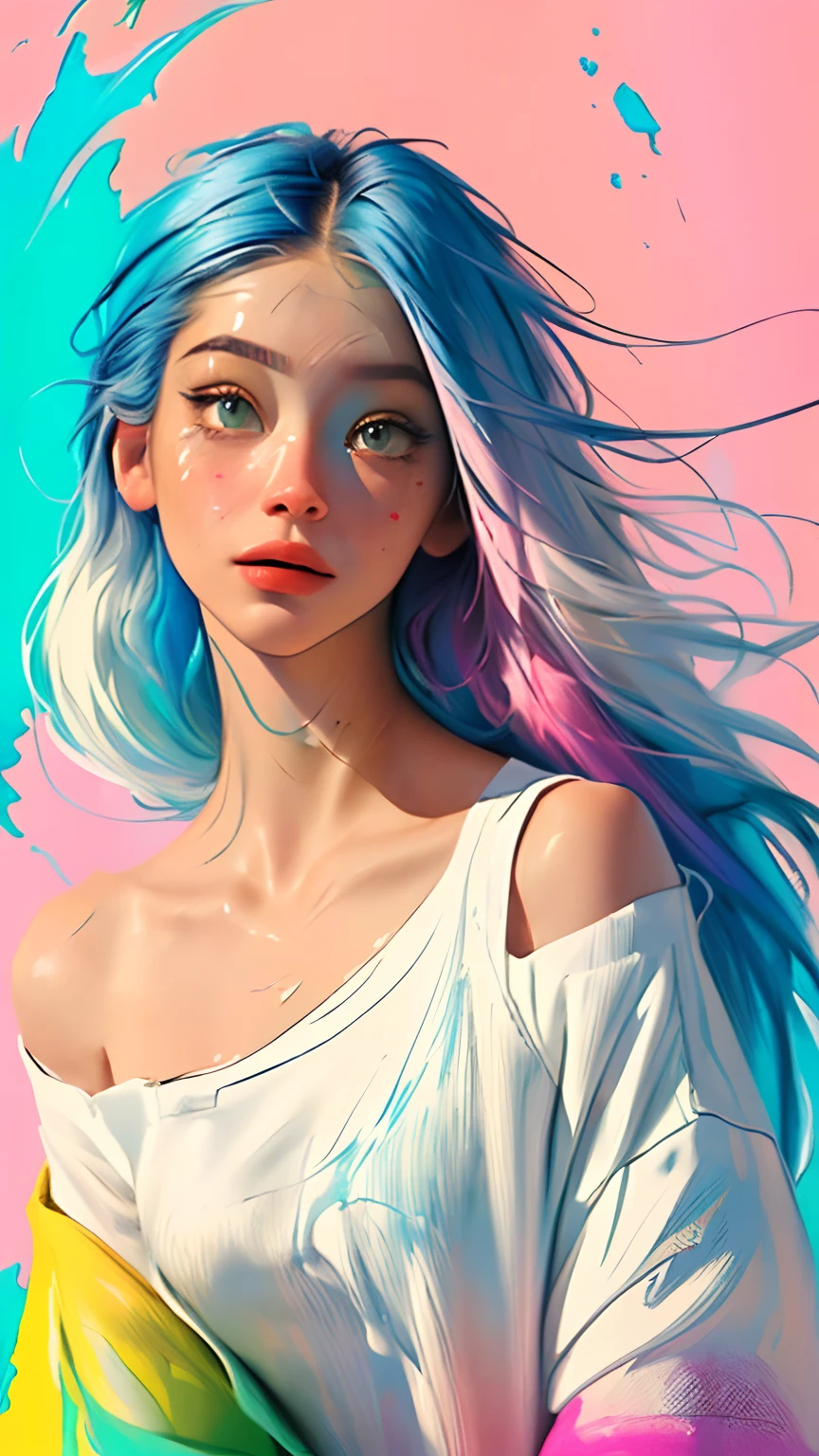 (Pink Fashion T-shirt:1.9),(Colorful hair: 1.8), (all the colours of the rainbow: 1.8),(((((vertical painting:1.6))), (painting:1.6),front, comics, illustrations, paintings, large eyes, crystal clear eyes,( rainbow color gradient high ponytail:1.7), exquisite makeup, closed mouth,(Small Fresh: 1.5),(Wipe Chest: 1.6) ,long eyelashes, white off shoulder T-shirt, White Shoulder Shirt,looking at the audience, large watery eyes, (rainbow colored hair:1.6), color splash, (solo:1.8), color splash, color explosion, thick paint style, messy lines, ((shining)),(colorful), (colorful), (colorful), colorful, Thick Paint Style, (Splash) (Color Splash), Vertical Painting, Upper Body, Paint Splash, Acrylic Pigment, Gradient, Paint, Highest Image Quality, Highest Quality, Masterpiece, Solo, Depth of Field, Face Paint, colorful clothes, (Elegant: 1.2), gorgeous,long hair, wind, (Elegant: 1.3), (Petals: 1.4),(((masterpiece))),(((best quality))),((ultra-detailed)),(illustration),(dynamic angle),((floating)),(paint),((disheveled hair)),(solo),(1girl) , (((detailed anima face))),((beautiful detailed face)),collar,bare shoulders,white hair, ((colorful hair)),((streaked hair)),beautiful detailed eyes,(Gradient color eyes),(((colorful eyes))),(((colorful background))),(((high saturation))),(((surrounded by colorful splashes))),
