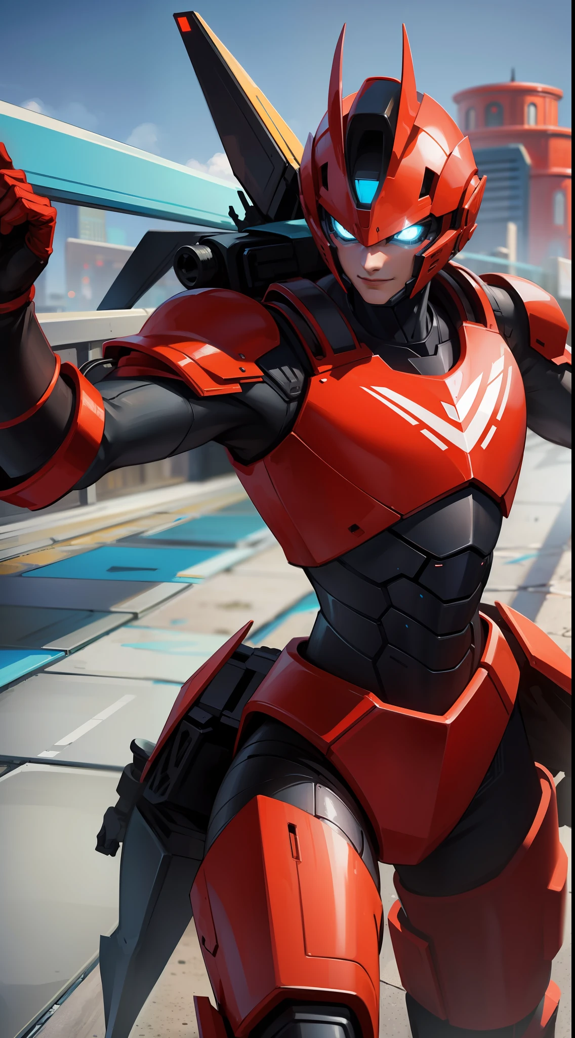 Young guy, short gray hair, Cyan eyes, Autobot's red armor, running, ssmile, Masterpiece, hiquality