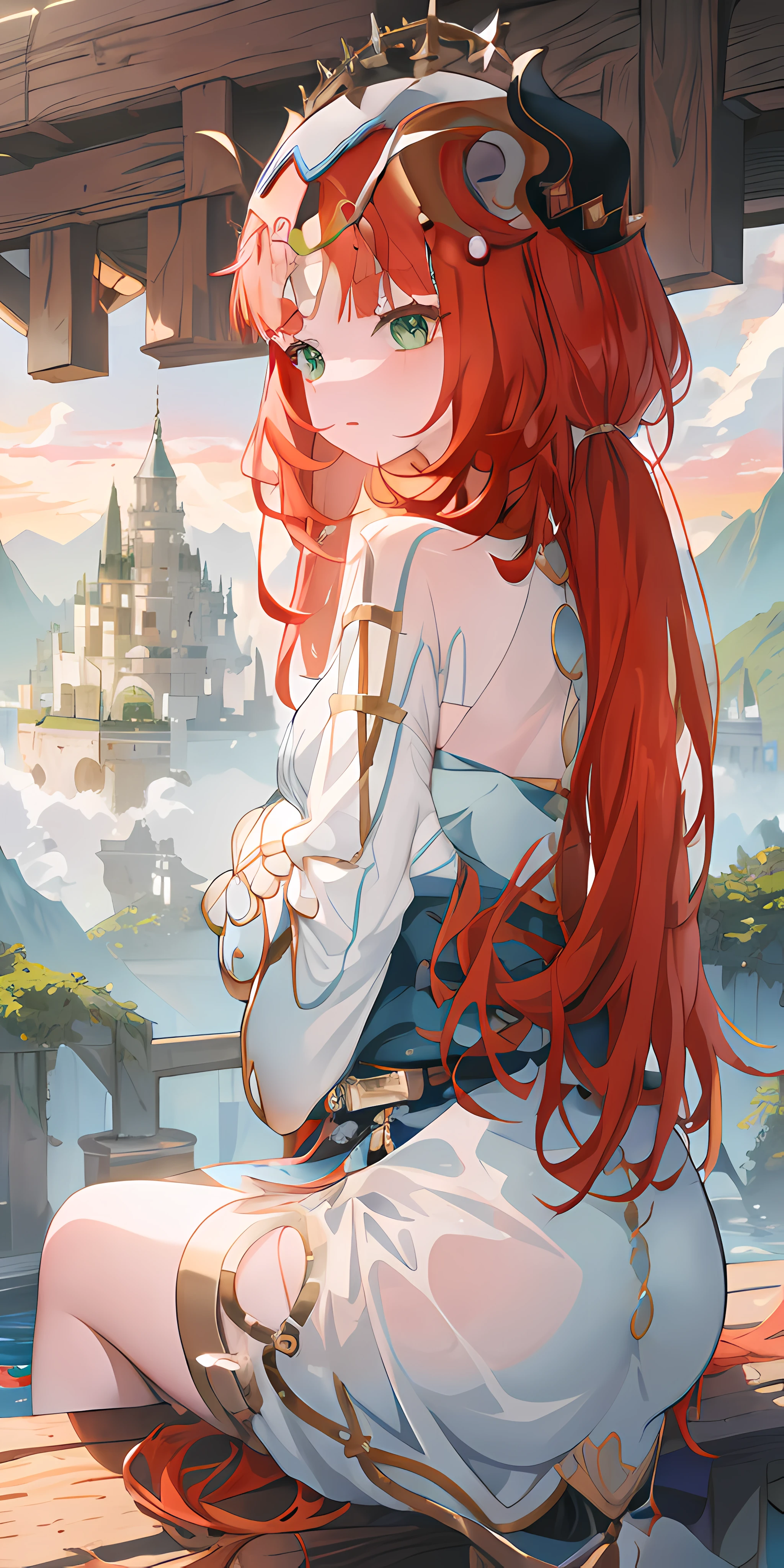 anime girl with red hair sitting on a wooden platform looking out over a mountain range, red waist-long hair, 4 k manga wallpaper, anime girl with long hair, rias gremory, flowing hair and long robes, with red hair, clean detailed anime art, anime art wallpaper 8 k, anime art wallpaper 4 k, anime art wallpaper 4k, hairband, blue bowtie, light, green eyes, hair ornament, hairband,