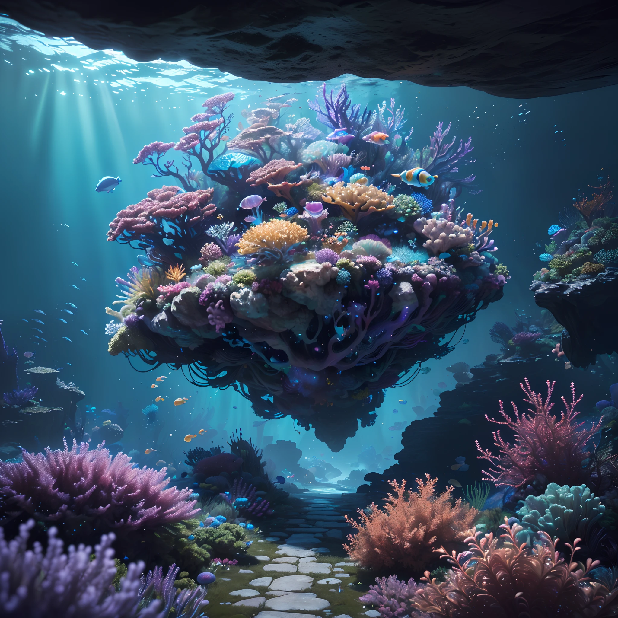 ((perspective)) microscopic world, vista, underwater fantasy,((masterpiece)), best quality, high quality, ((extremely detailed CG unity 8k wallpaper)),(fantasy), complex background, underwater fantasy world, fish school, Glowing jellyfish, colorful, (abyss)), staggered stone platforms in the abyss, glowing undersea plants, 3D digital painting, award winning photography, bokeh, depth of field, HDR, chromatic aberration, photorealistic, extremely detailed, artstation Trends on CGsociety, Intricate, High Detail, dramatic, art by midjourney, --v 6