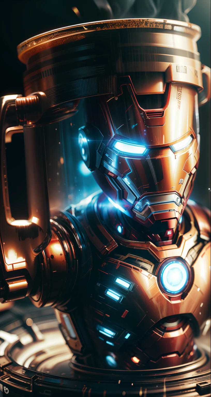 A Mug design with Ironman costume,closer view, surrounding in magic effects,ultra stable, side view,real mug, realistic
