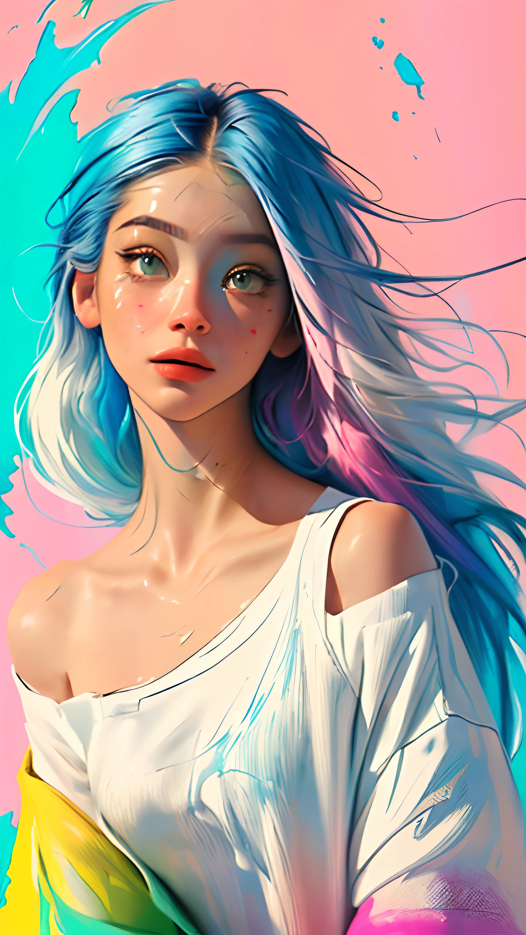 (Pink Fashion T-shirt:1.9),(Colorful hair: 1.8), (all the colours of the rainbow: 1.8),(((((vertical painting:1.6))), (painting:1.6),front, comics, illustrations, paintings, large eyes, crystal clear eyes,( rainbow color gradient high ponytail:1.7), exquisite makeup, closed mouth,(Small Fresh: 1.5),(Wipe Chest: 1.6) ,long eyelashes, white off shoulder T-shirt, White Shoulder Shirt,looking at the audience, large watery eyes, (rainbow colored hair:1.6), color splash, (solo:1.8), color splash, color explosion, thick paint style, messy lines, ((shining)),(colorful), (colorful), (colorful), colorful, Thick Paint Style, (Splash) (Color Splash), Vertical Painting, Upper Body, Paint Splash, Acrylic Pigment, Gradient, Paint, Highest Image Quality, Highest Quality, Masterpiece, Solo, Depth of Field, Face Paint, colorful clothes, (Elegant: 1.2), gorgeous,long hair, wind, (Elegant: 1.3), (Petals: 1.4),(((masterpiece))),(((best quality))),((ultra-detailed)),(illustration),(dynamic angle),((floating)),(paint),((disheveled hair)),(solo),(1girl) , (((detailed anima face))),((beautiful detailed face)),collar,bare shoulders,white hair, ((colorful hair)),((streaked hair)),beautiful detailed eyes,(Gradient color eyes),(((colorful eyes))),(((colorful background))),(((high saturation))),(((surrounded by colorful splashes))),