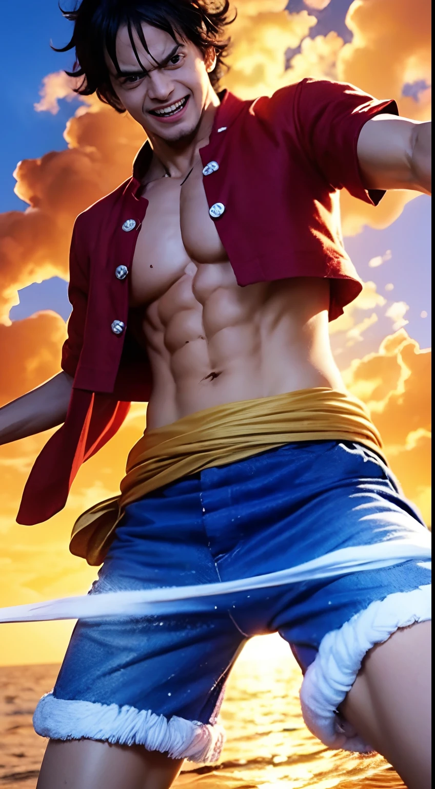 macho, corpo inteiro, can dynamic, cicatriz abaixo do olho, chest scar, ( estilo pirata pronto para luta ), Luffy tem cabelos pretos desgrenhados, round black eyes and a thin muscle build. He is renowned for his trademark straw hat, which was lent to him when he was young by the legendary pirate captain, "ruivo" Shanks,[35] que por sua vez o recebeu do Gol D. Roger. [43] Luffy usa um vermelho aberto, Long-sleeved cardigan with four buttons, com uma faixa amarela amarrada na cintura (lembrando um pouco a roupa do Gol D. Roger). Luffy also has a scar under his left eye), which he earned as a child by stabbing his face to show Shanks that he was tough enough to be a pirate. [44] Ele foi gravemente ferido por Akainu na Guerra do Cume de Marineford,[45] deixando uma grande cicatriz em seu peito. [46] (fundo praia palmeiras, dia ensolarado ), realista, detalhado,  boy, jovem, cabelo preto liso curto, olhos pretos, olhar arrogante, olhos realistas, rosto detalhado, detailed hands, Suado, pernas detalhadas, dedos detalhados, cabelo detalhado, olhos detalhados, pele detalhada, dynamic lighting, (fotorrealista: 1.4), 8k UHD, (Hiper realista), (fotorrealista), (obra-prima), (melhor qualidade),  (( fundo praia )), corpo perfeito, chest scar, usando jaqueta vermelha, blue shorts and hat. sem pelos pubianos, raiva,