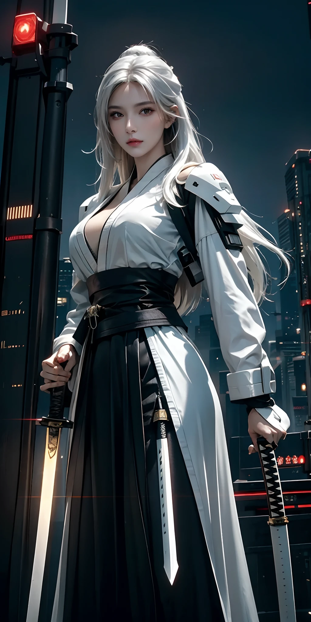 photorealistic, high resolution, soft light,1women, solo, hips up, (detailed face), white long hair, cybersamurai, cyborg, cyberpunk, katana on back, holding weapon,holding sword,glowing,katana, city at night
