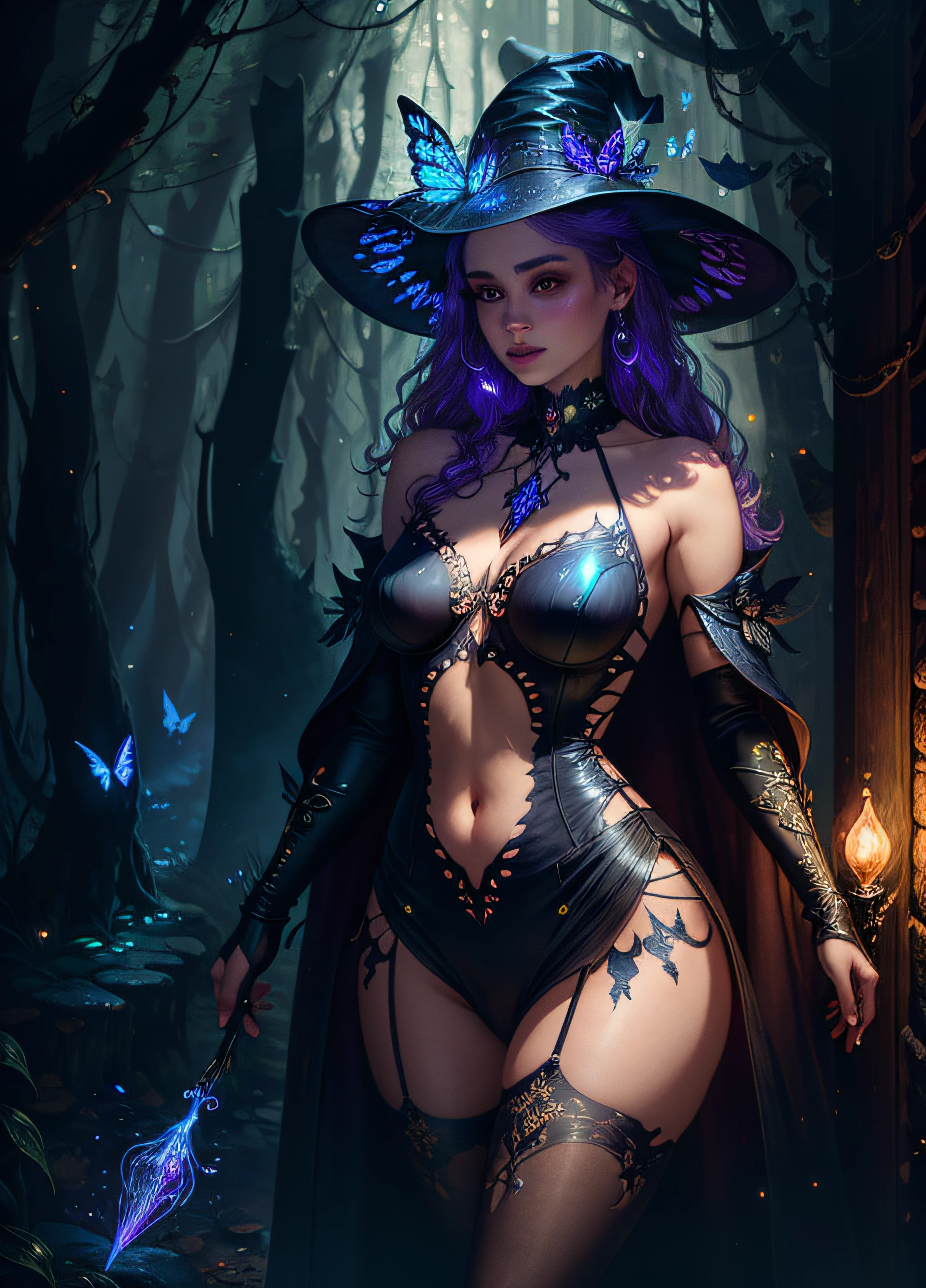 sexy full shot body photo of the most beautiful artwork in the world, illustration, cinematic light, fantasy, highres, highest quallity, ultra detailed, best quality, masterpiece, (detailed face), sexy mature woman wears a shirt and (torn) fullbody (transparent galaxy) cloths coat, floating cloth, choker, glowing (elder underworld fantasy) forest plants with neon details, open shoulders, tiny glowing butterfly, hair jewery, wearing a torn witch hat, (focus on body:1.25), night, small mutated animals in background, torn mini skirt ,a potion on hip, shoulder pads emitting magic energy, cameltoe, dark, light reflection