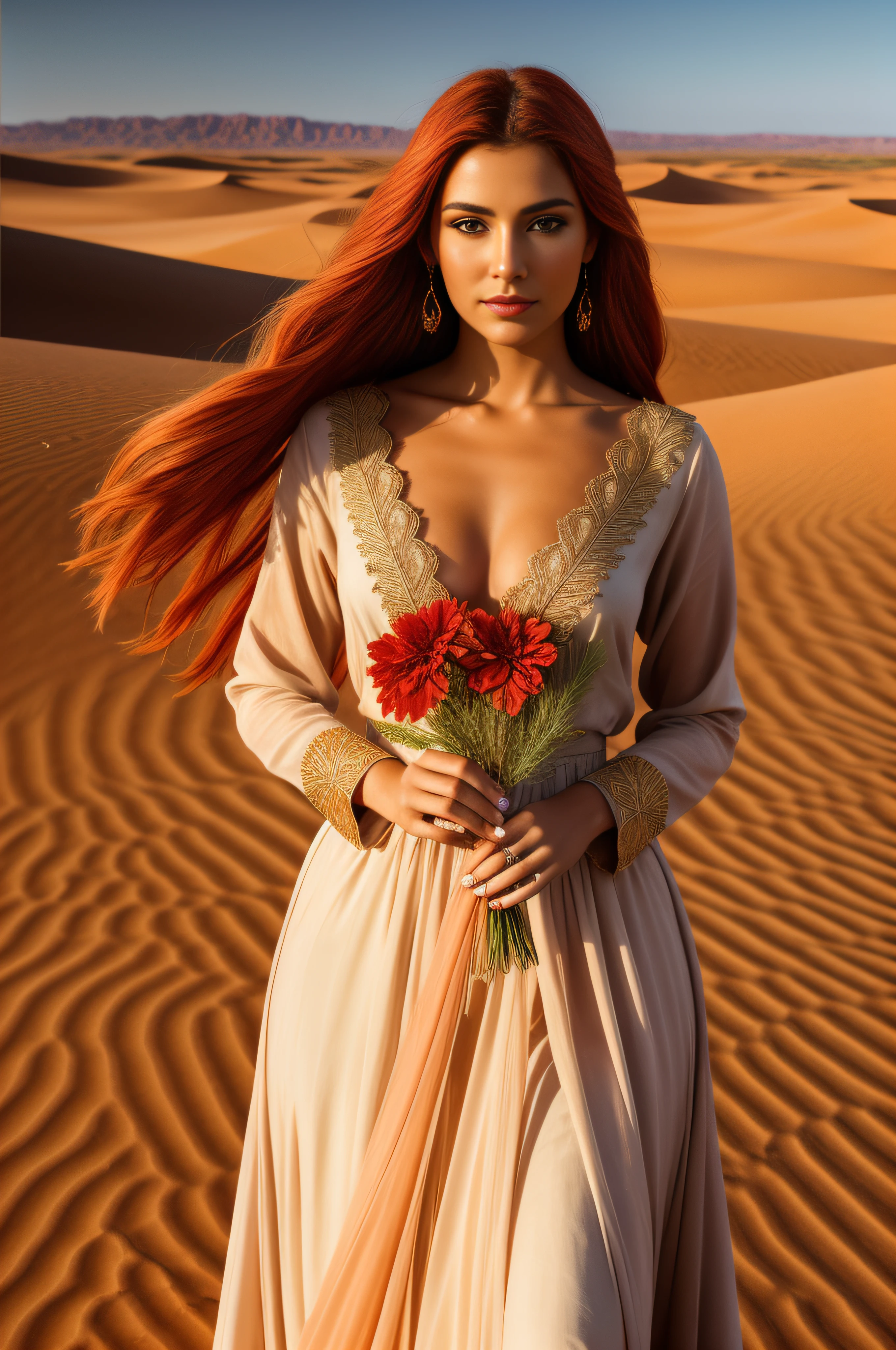 A striking woman with fiery hair, dressed in a flowing scarlet gown, stands alone in the vast and unforgiving desert. The setting sun casts a warm, golden light upon the sand dunes, painting a breathtaking canvas of contrasts between the intense red of her dress and the earthy tones of the landscape. A serene, almost mystical aura surrounds her as she gazes towards the horizon, a single desert flower delicately held in her hand. An exquisitely detailed oil painting captures every nuance of her attire and the intricate patterns of the sand, ensuring that her presence remains timeless and evocative.