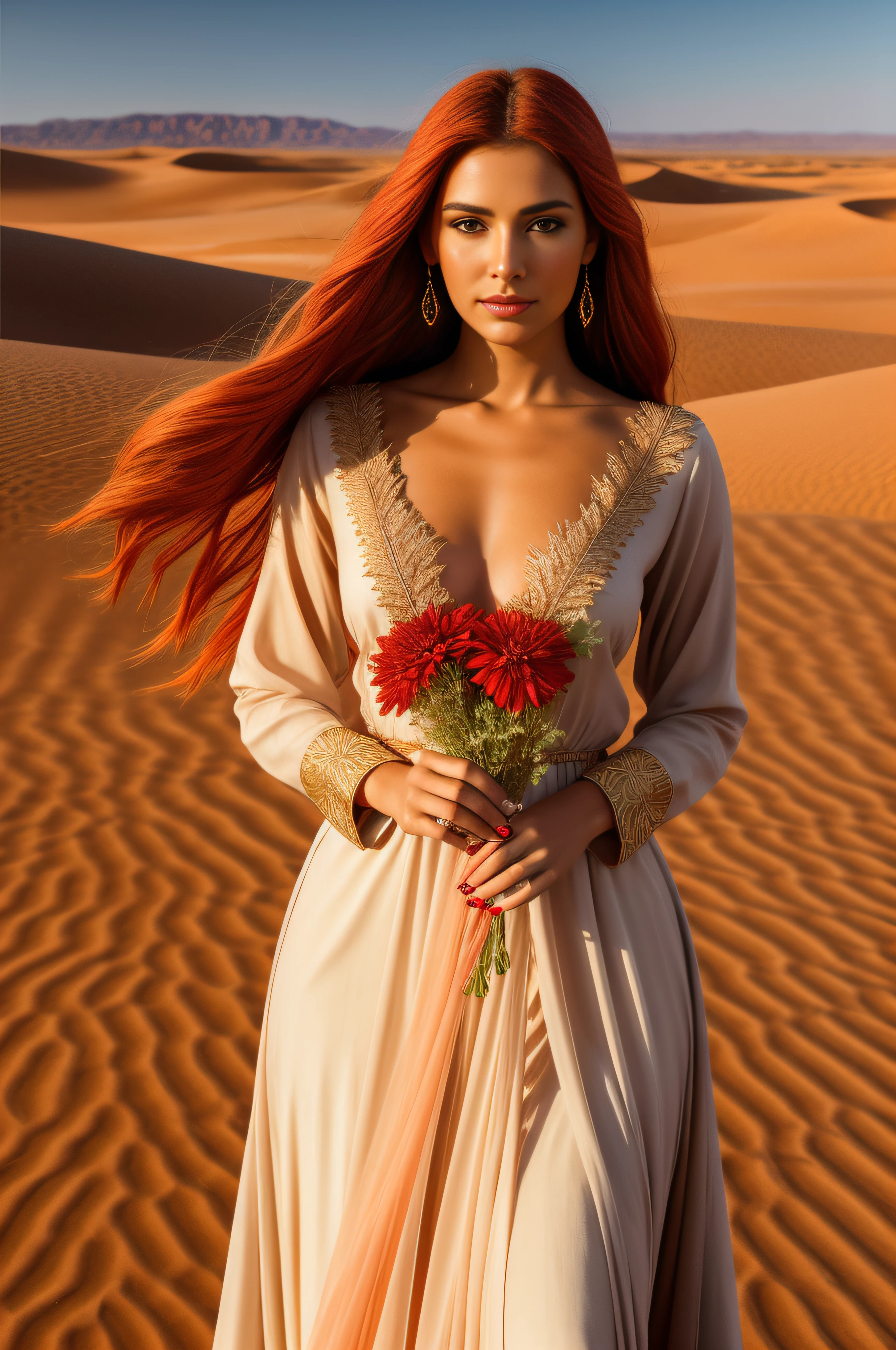 A striking woman with fiery hair, dressed in a flowing scarlet gown, stands alone in the vast and unforgiving desert. The setting sun casts a warm, golden light upon the sand dunes, painting a breathtaking canvas of contrasts between the intense red of her dress and the earthy tones of the landscape. A serene, almost mystical aura surrounds her as she gazes towards the horizon, a single desert flower delicately held in her hand. An exquisitely detailed oil painting captures every nuance of her attire and the intricate patterns of the sand, ensuring that her presence remains timeless and evocative.